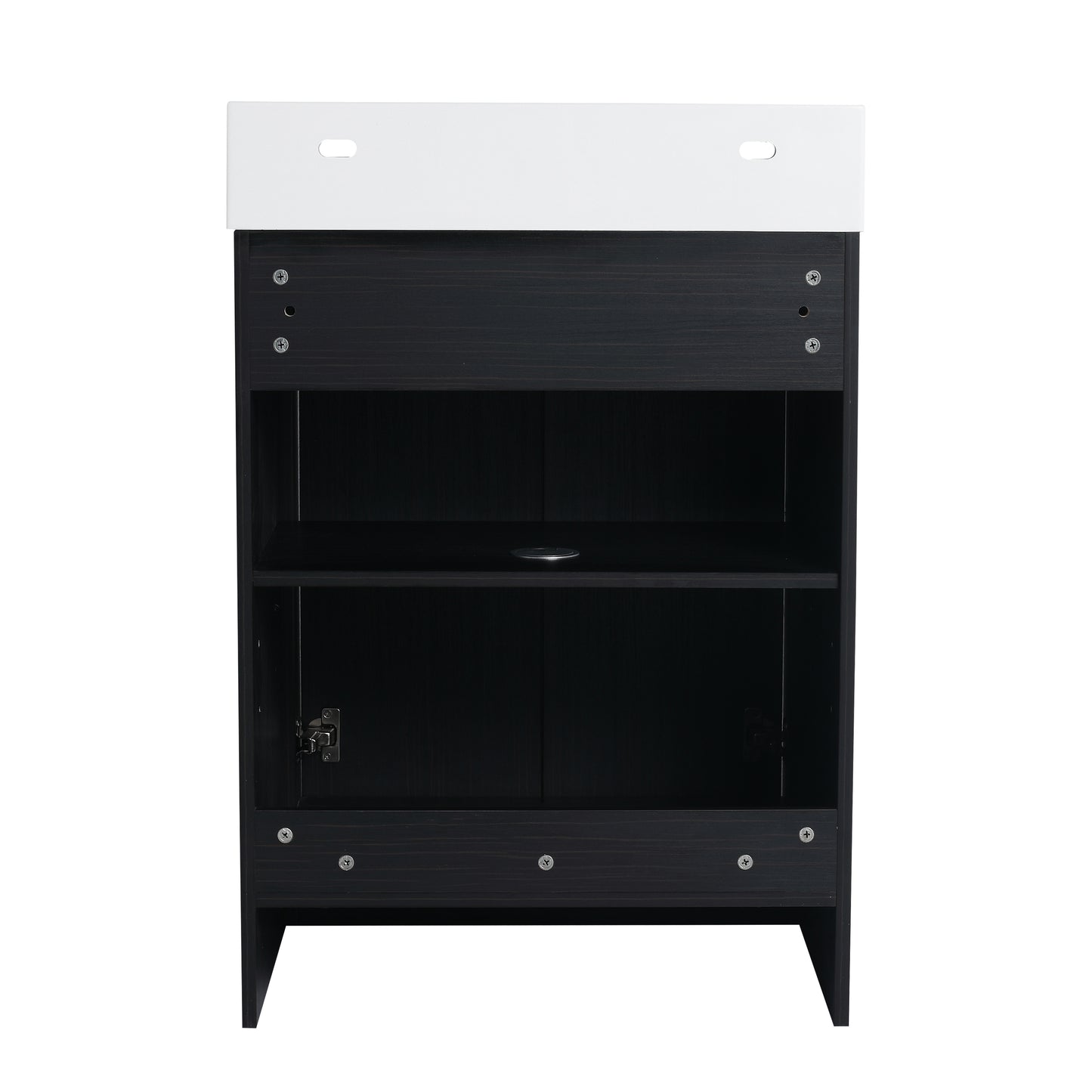 Black and white modern vanity cabinet with open shelving and a single door