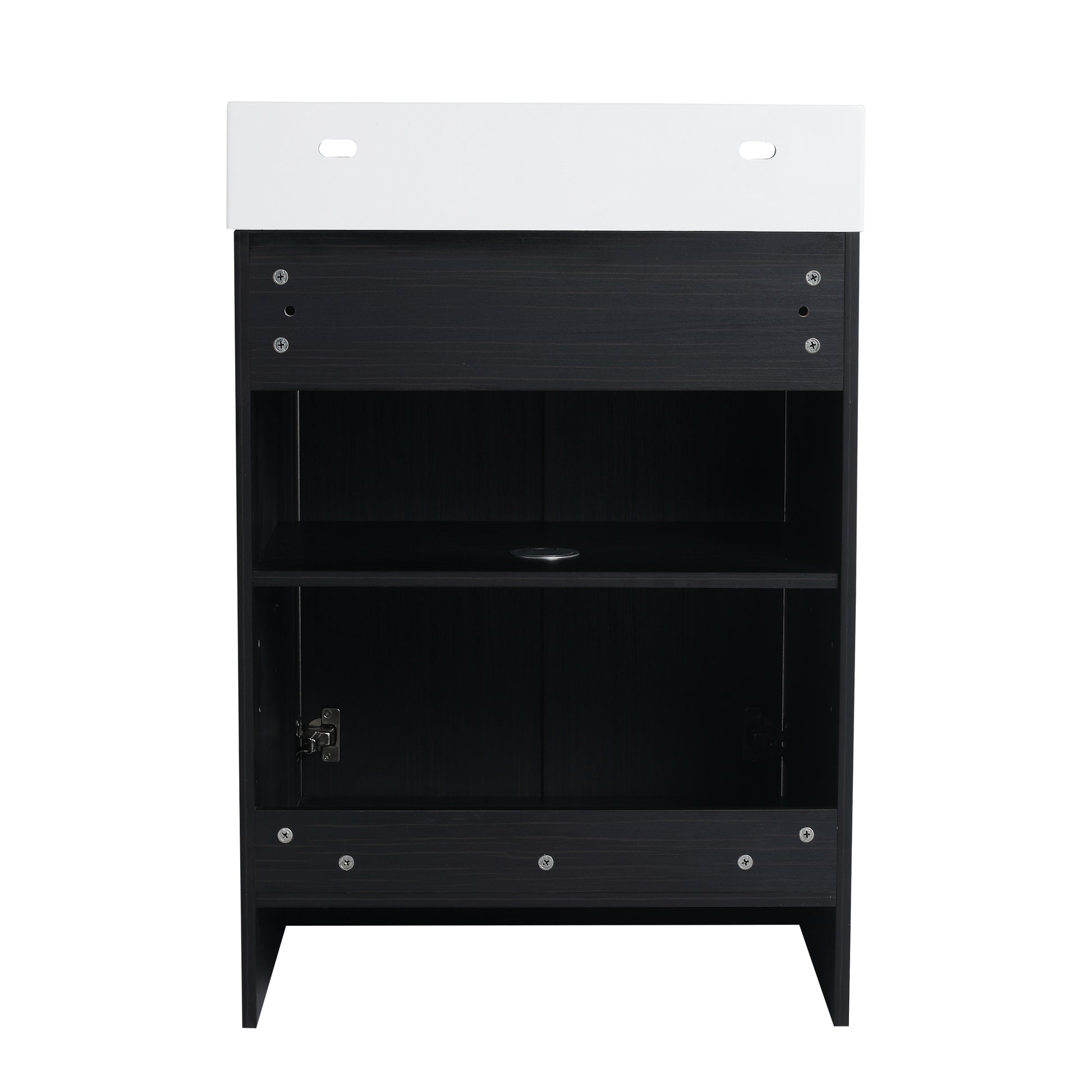 Black and white modern vanity cabinet with open shelving and a single door