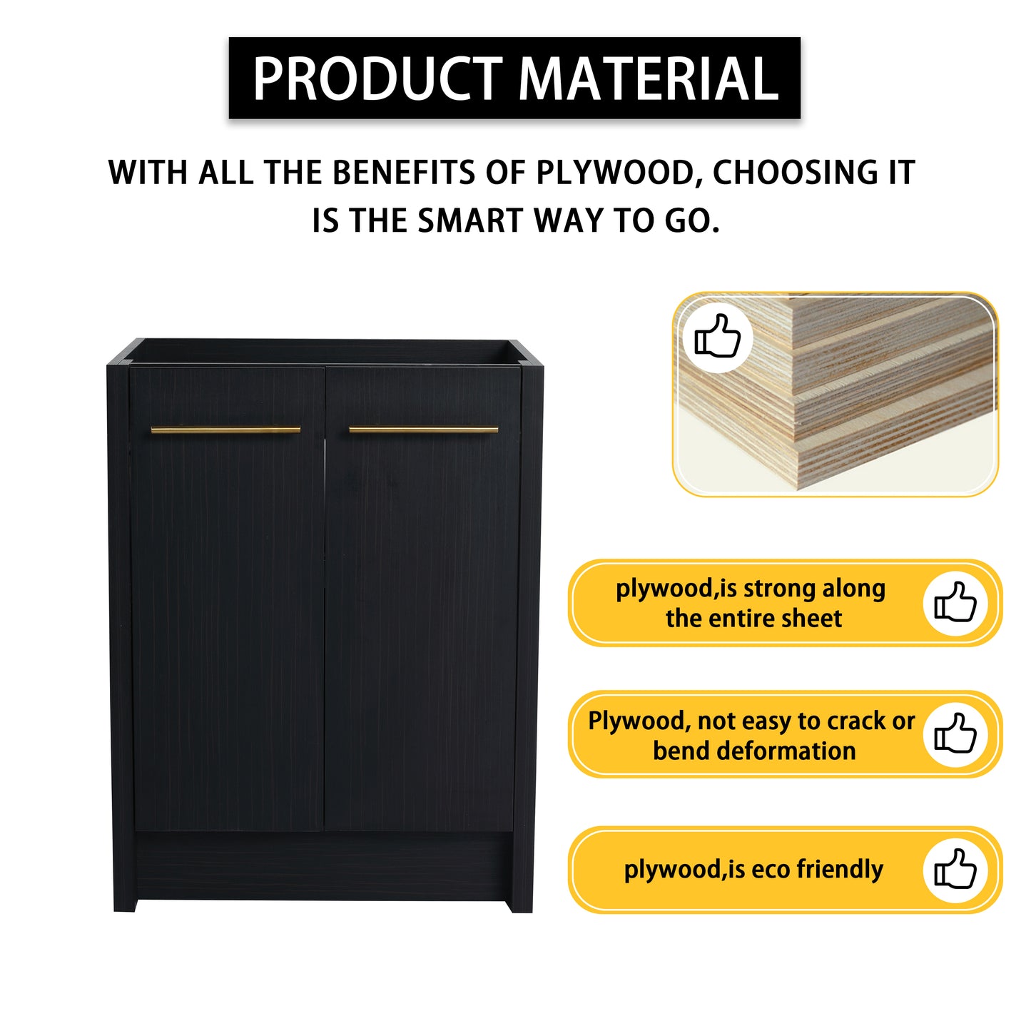 Modern black cabinet with gold handles constructed from durable plywood for lasting quality