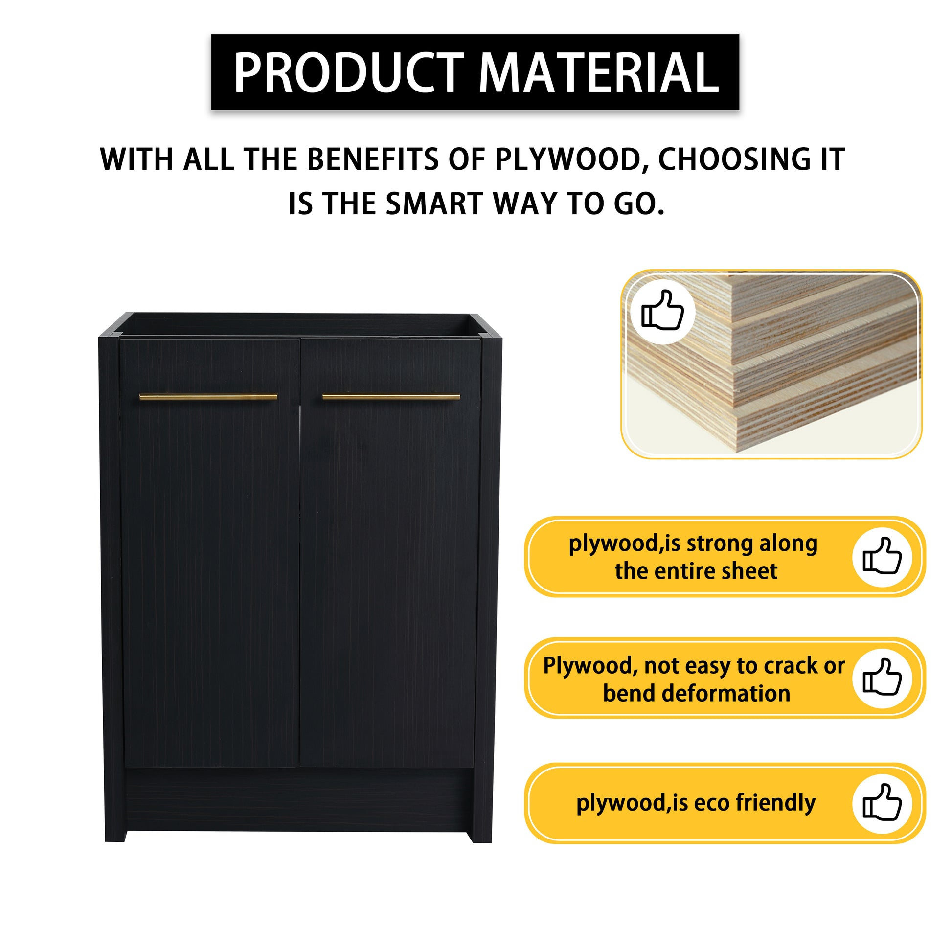 Modern black cabinet with gold handles constructed from durable plywood for lasting quality
