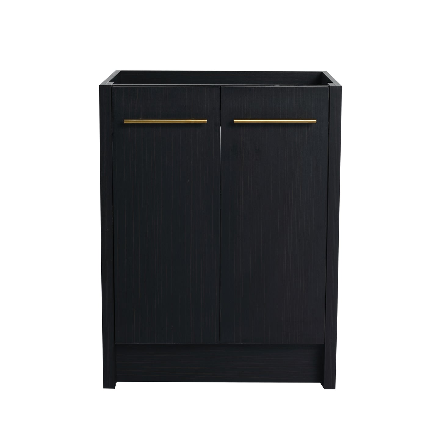 Black wood vanity cabinet with gold bar pulls and vertical grain detail