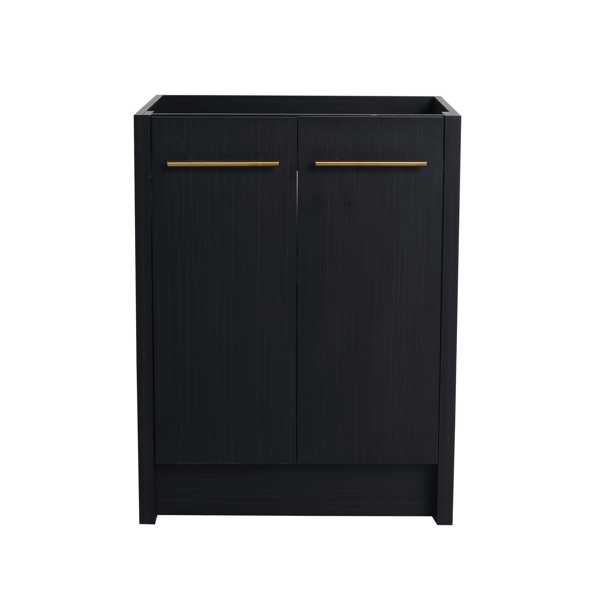 Black wood vanity cabinet with gold bar pulls and vertical grain detail