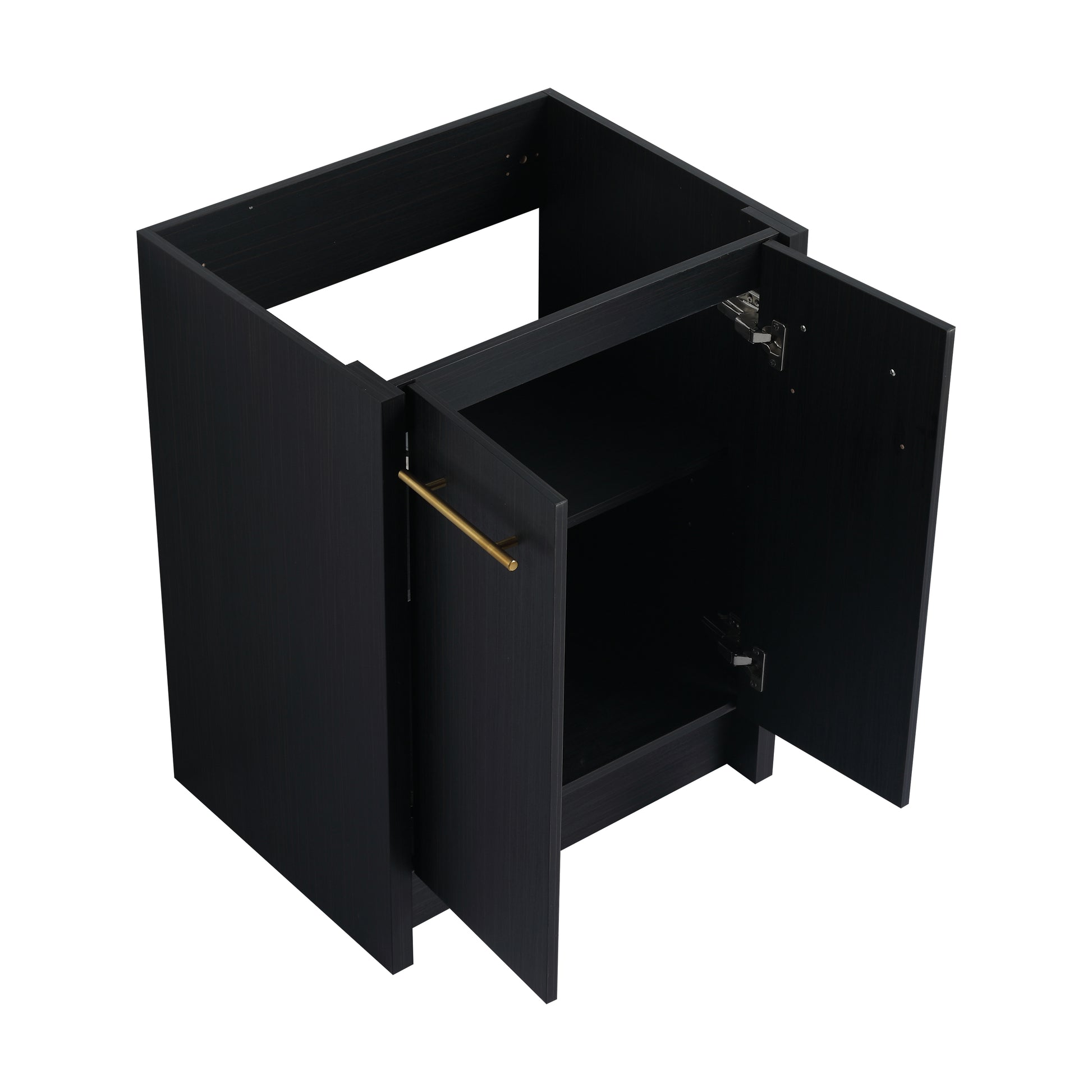 Dark wood bathroom vanity base with open doors and brass handle