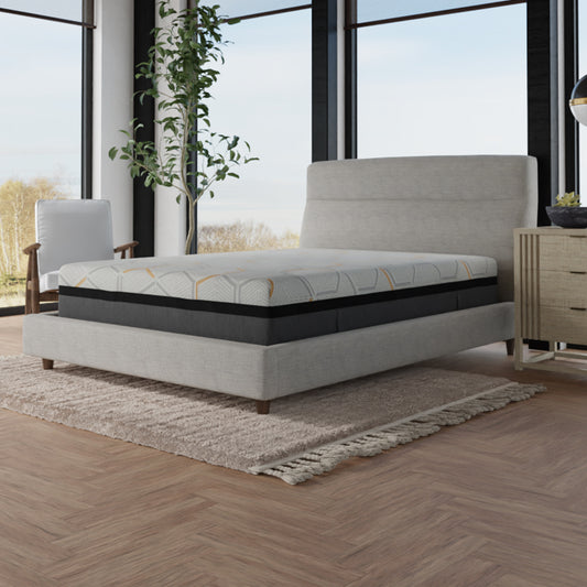 Plush king size mattress with a geometric pattern top and charcoal grey sides