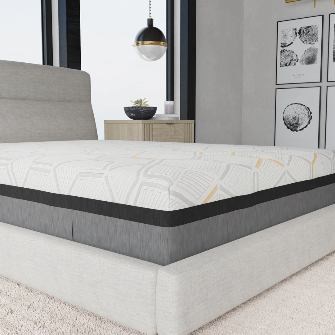 Comfortable hybrid mattress with a geometric gray and yellow pattern for enhanced sleep