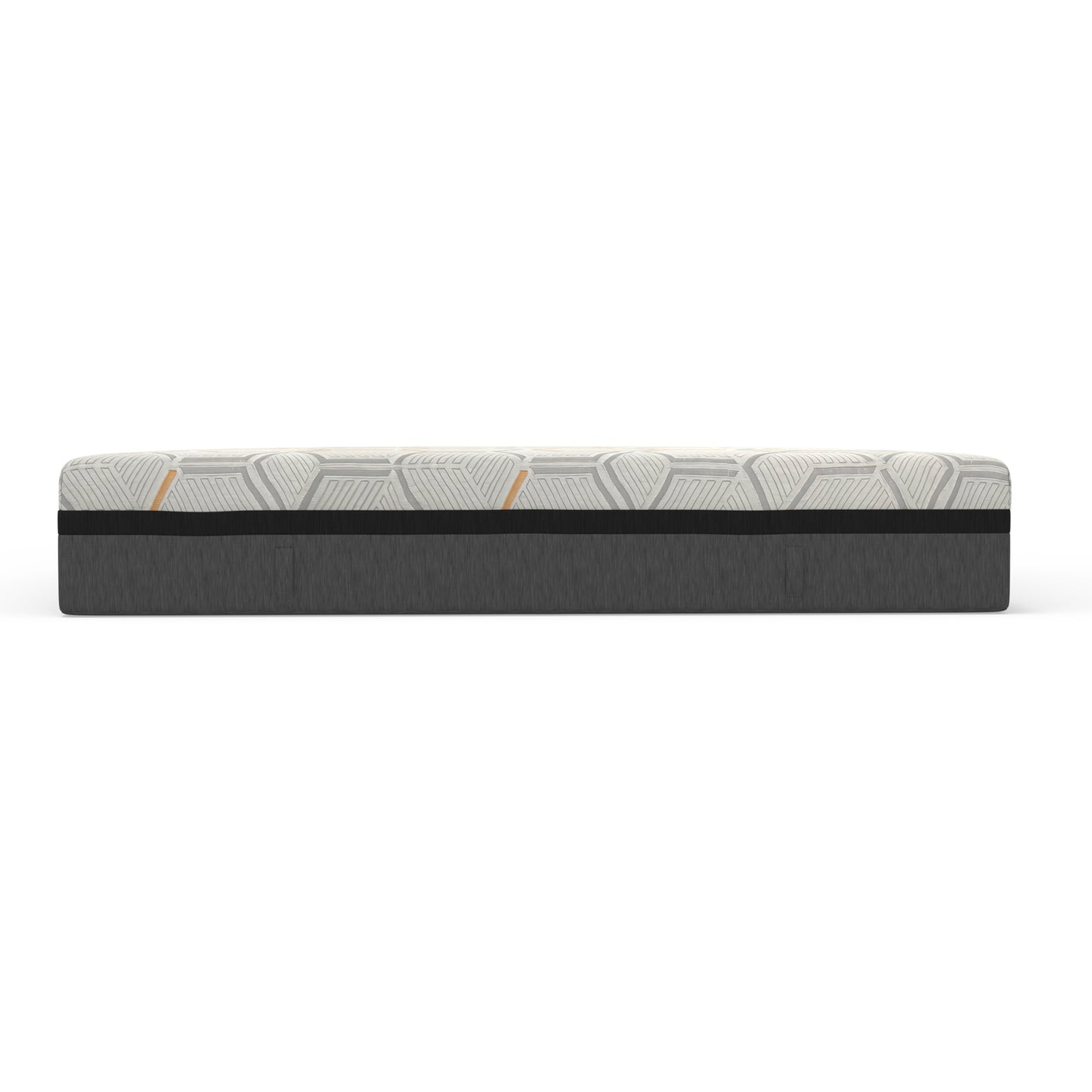 Modern hybrid mattress with gray textured base and geometric pattern top