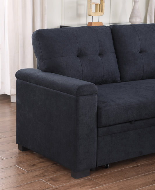 Dark navy tufted fabric sofa with plush cushions and rolled arms featuring discreet storage underneath