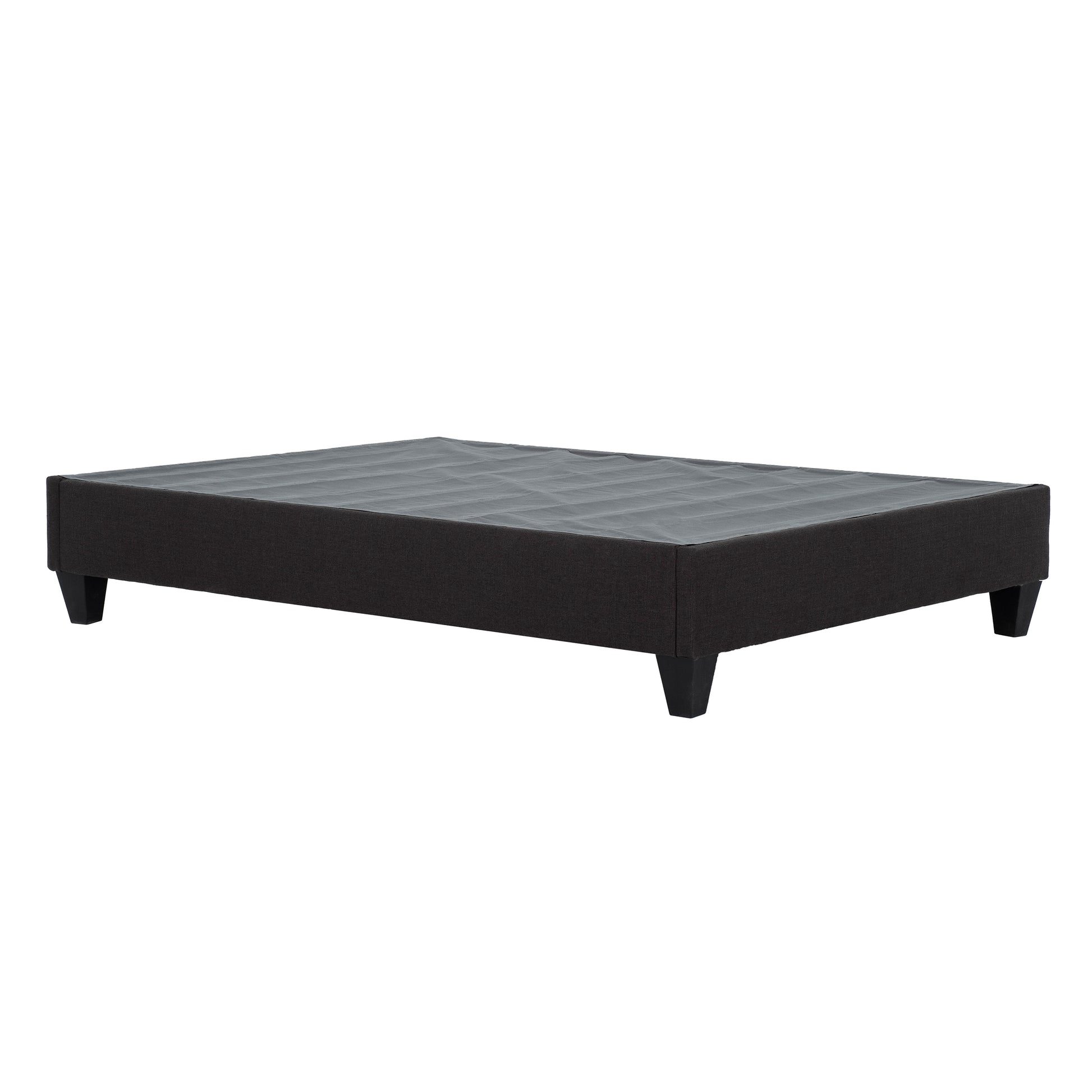 Dark gray upholstered platform bed frame with angled wooden legs queen size