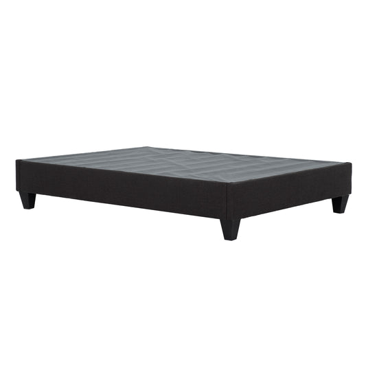 Dark gray upholstered platform bed frame with angled wooden legs queen size