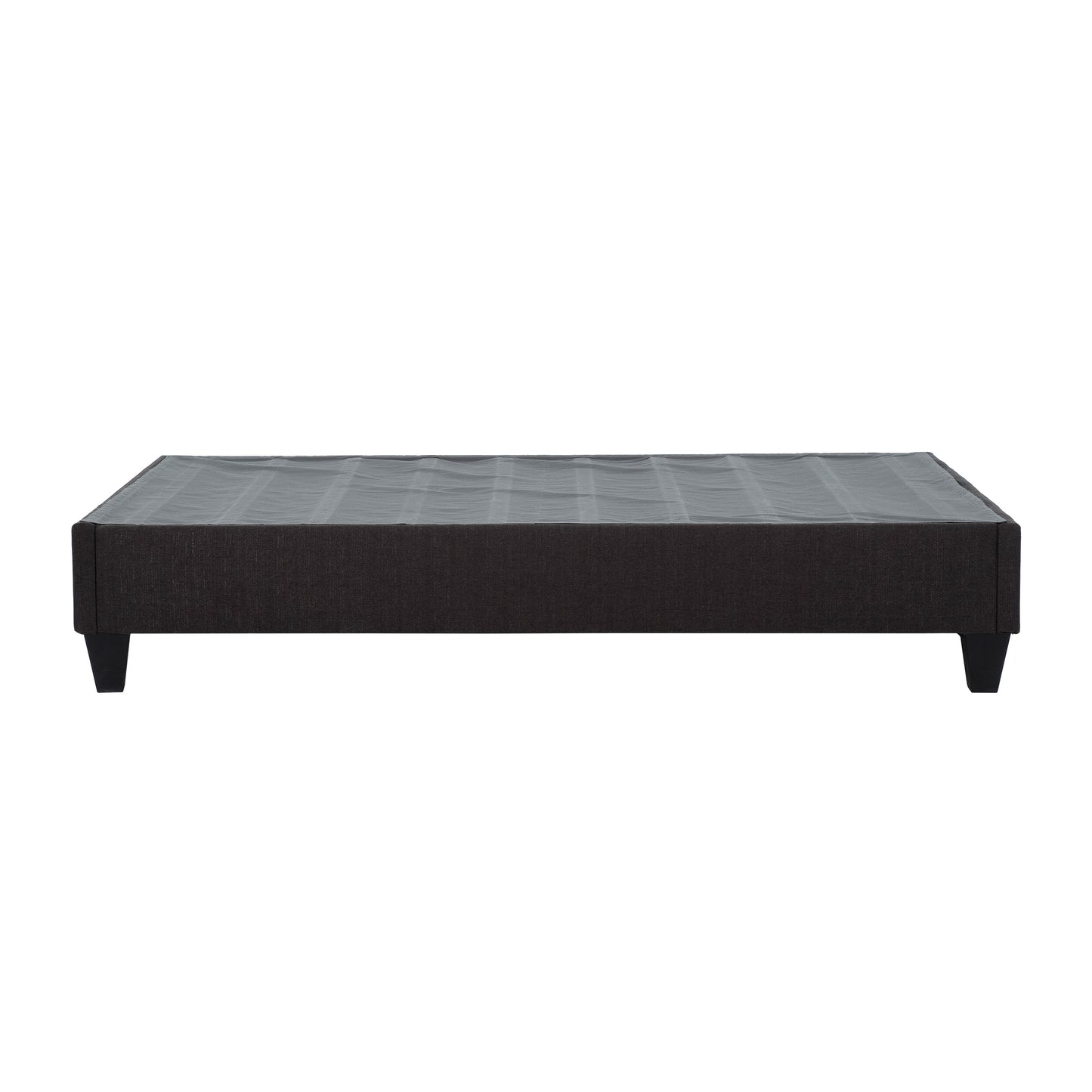 Dark charcoal grey fabric platform bed frame with sleek black legs offering modern support