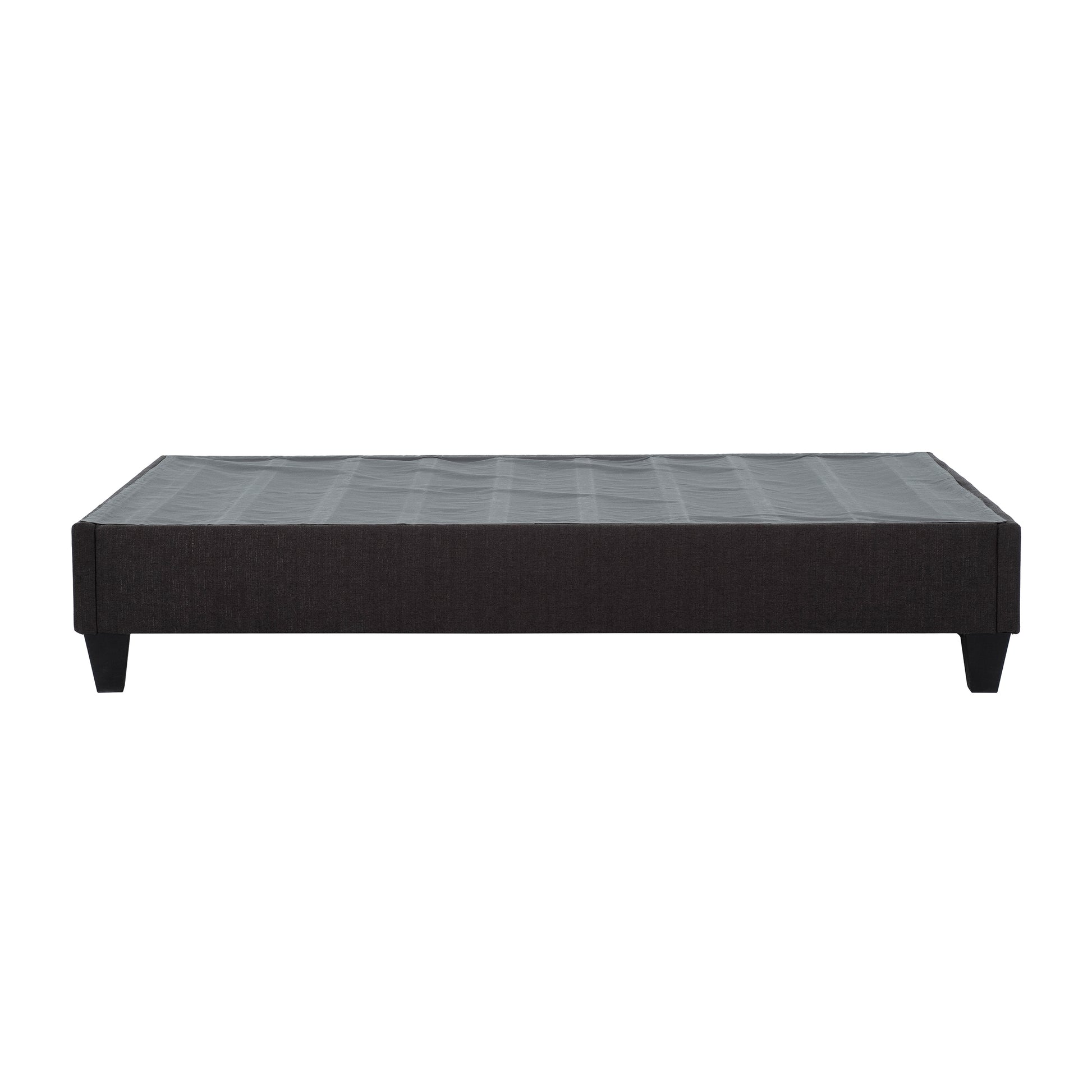Dark charcoal grey fabric platform bed frame with sleek black legs offering modern support