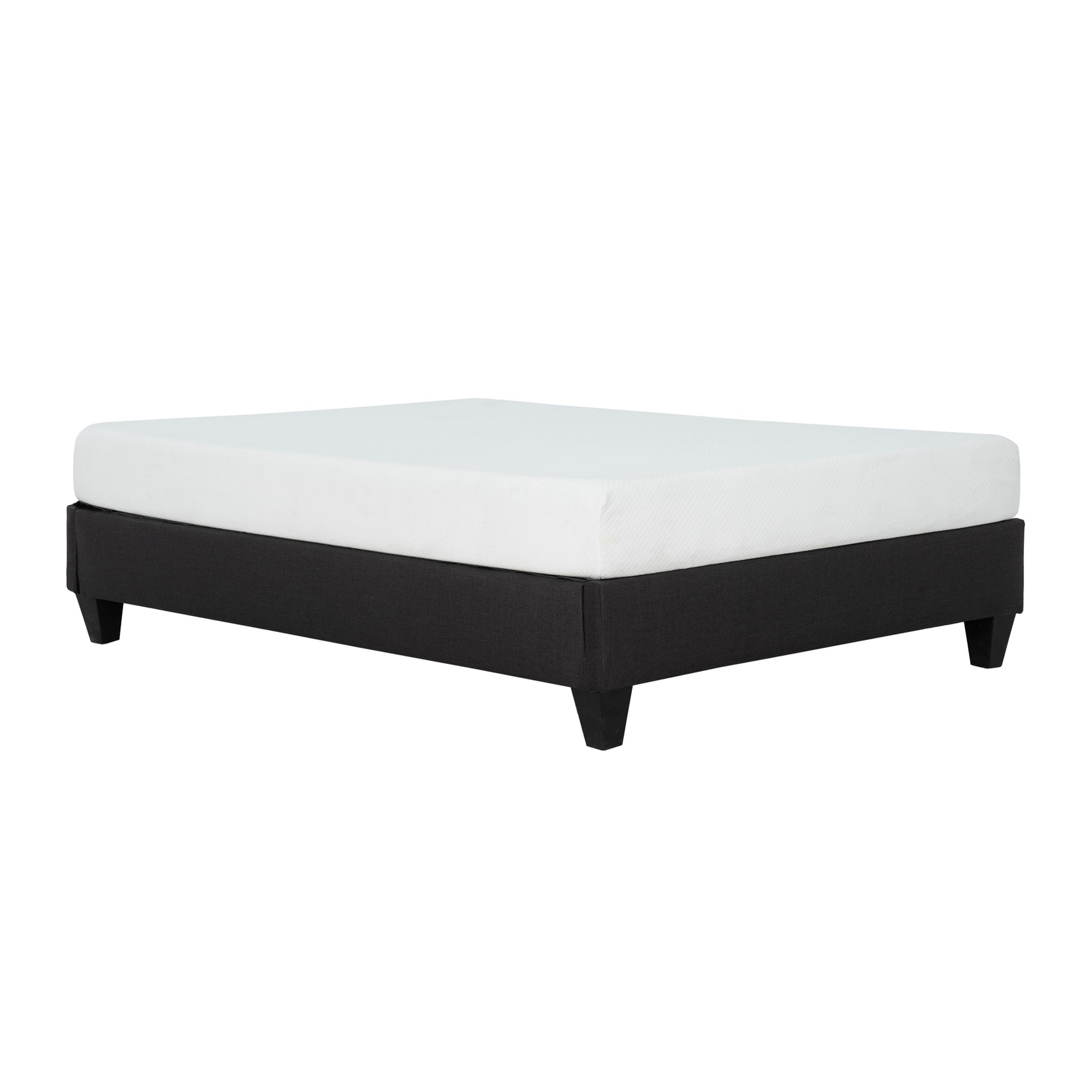 Dark gray upholstered platform bed frame with white mattress