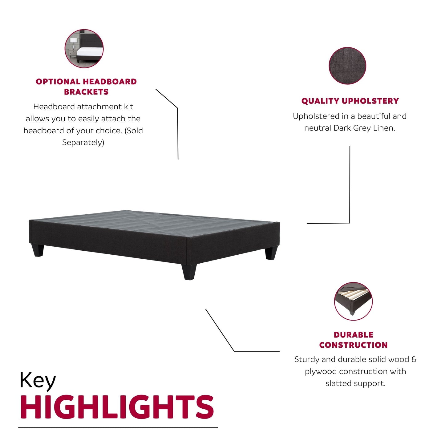 Dark grey linen upholstered platform bed frame with wooden legs