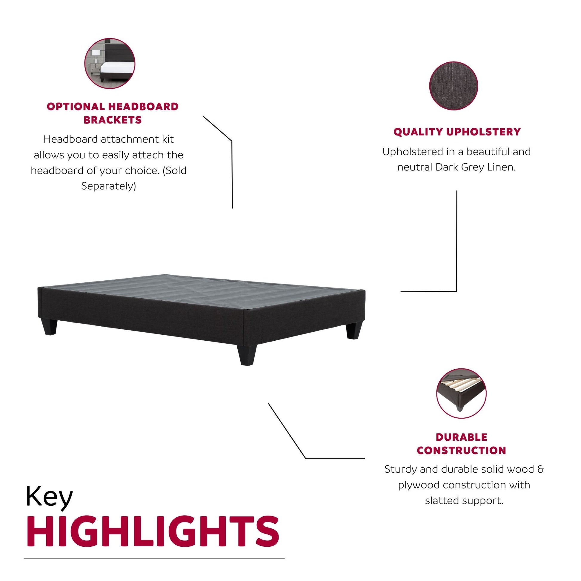 Dark grey linen upholstered platform bed frame with wooden legs