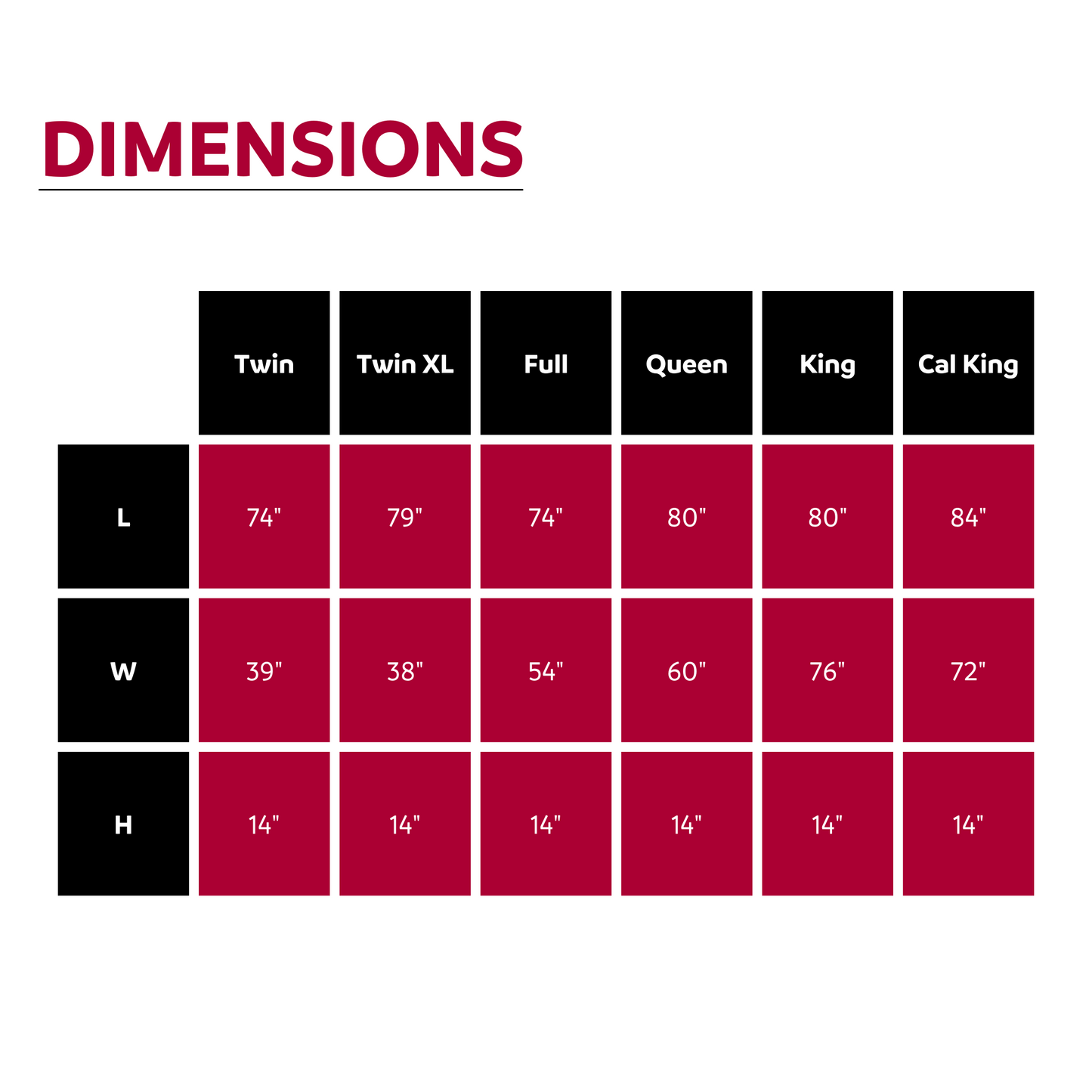 Bed size chart with dimensions for Twin Twin XL Full Queen King and Cal King