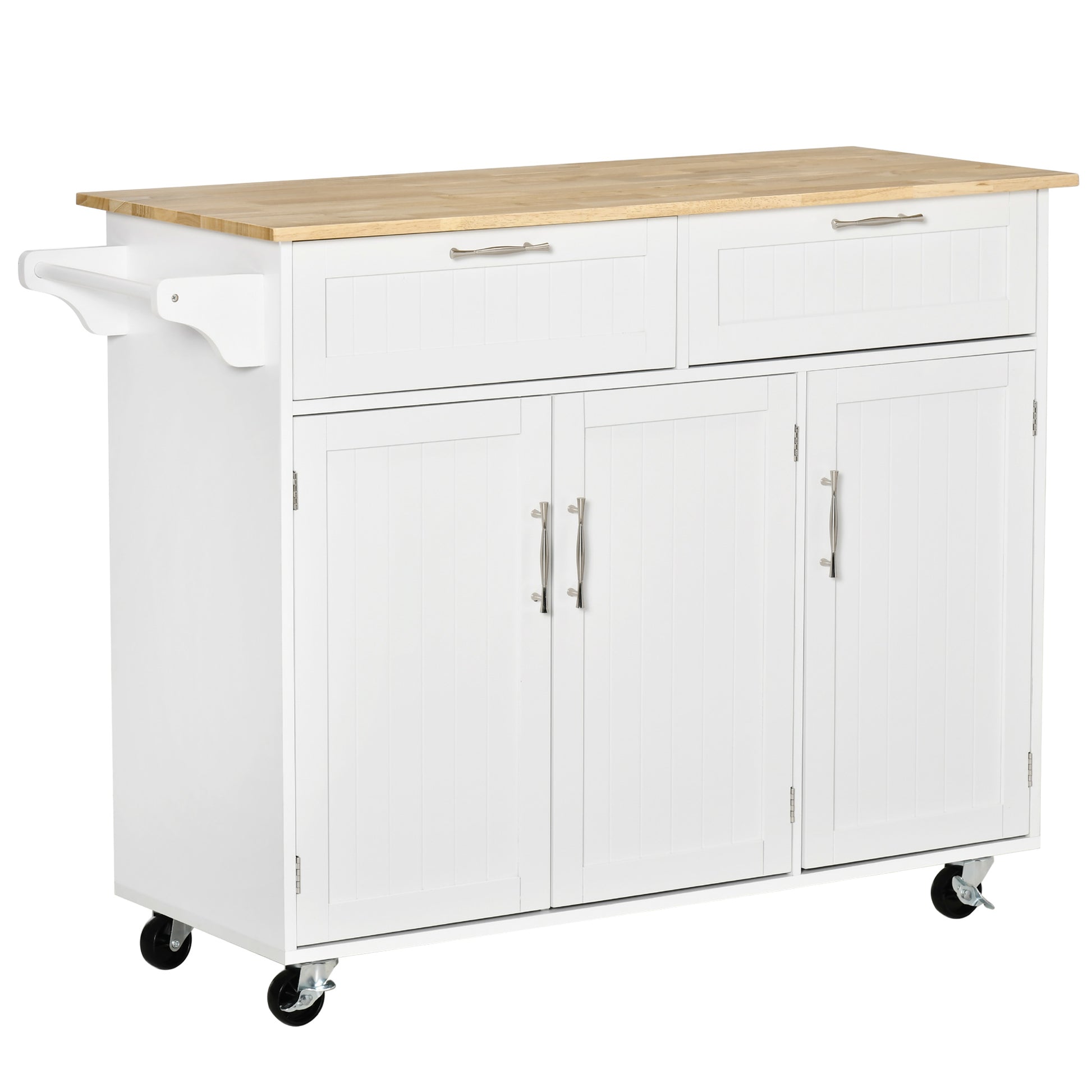 White kitchen island with butcher block top and two drawers