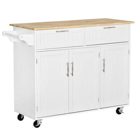 White kitchen island with butcher block top and two drawers
