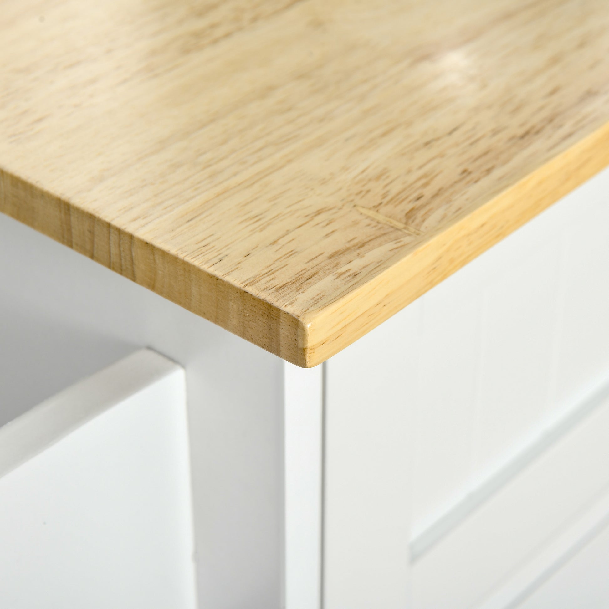 Closeup of a light oak wood desk top edge with natural grain texture
