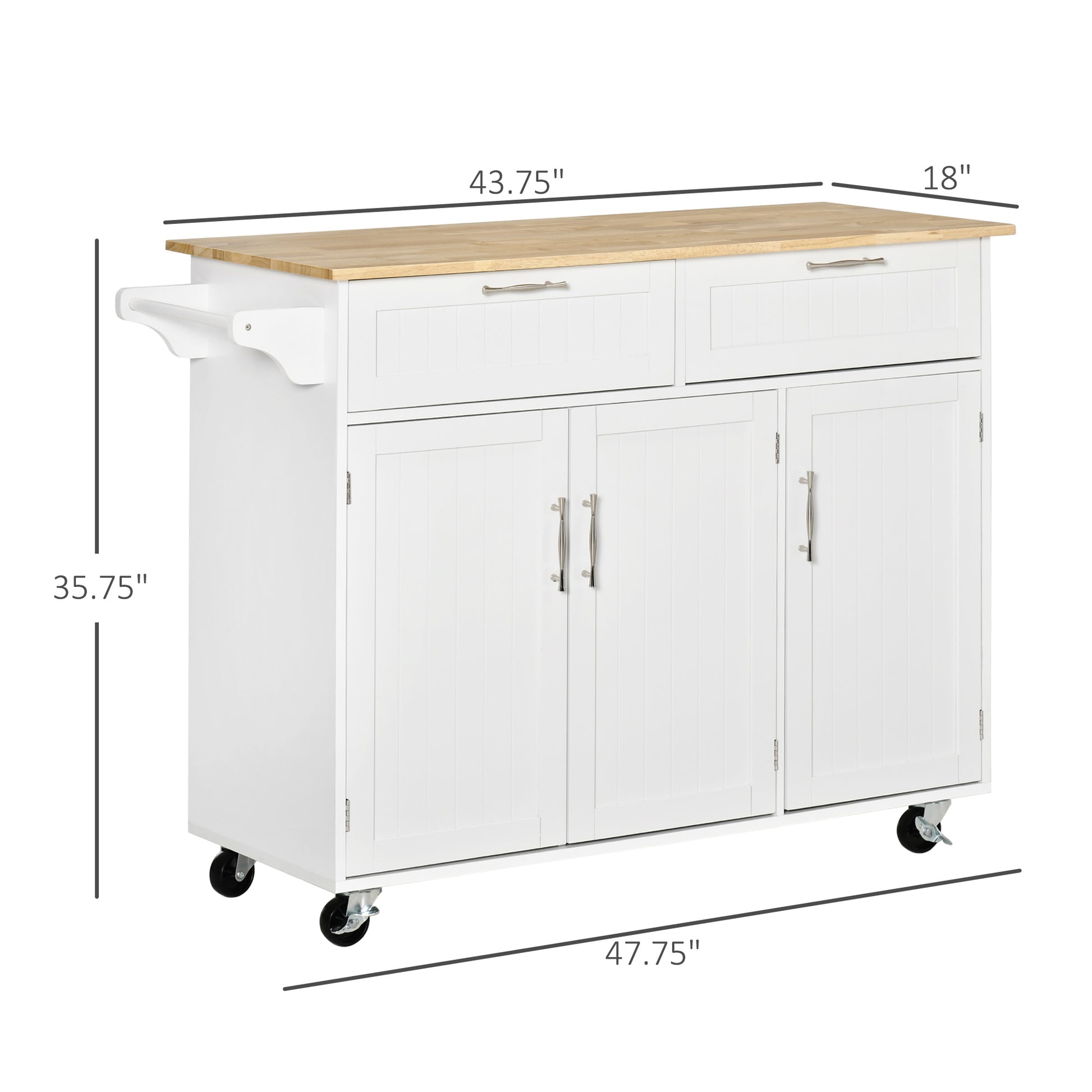 White kitchen island cart with butcher block top and towel rack