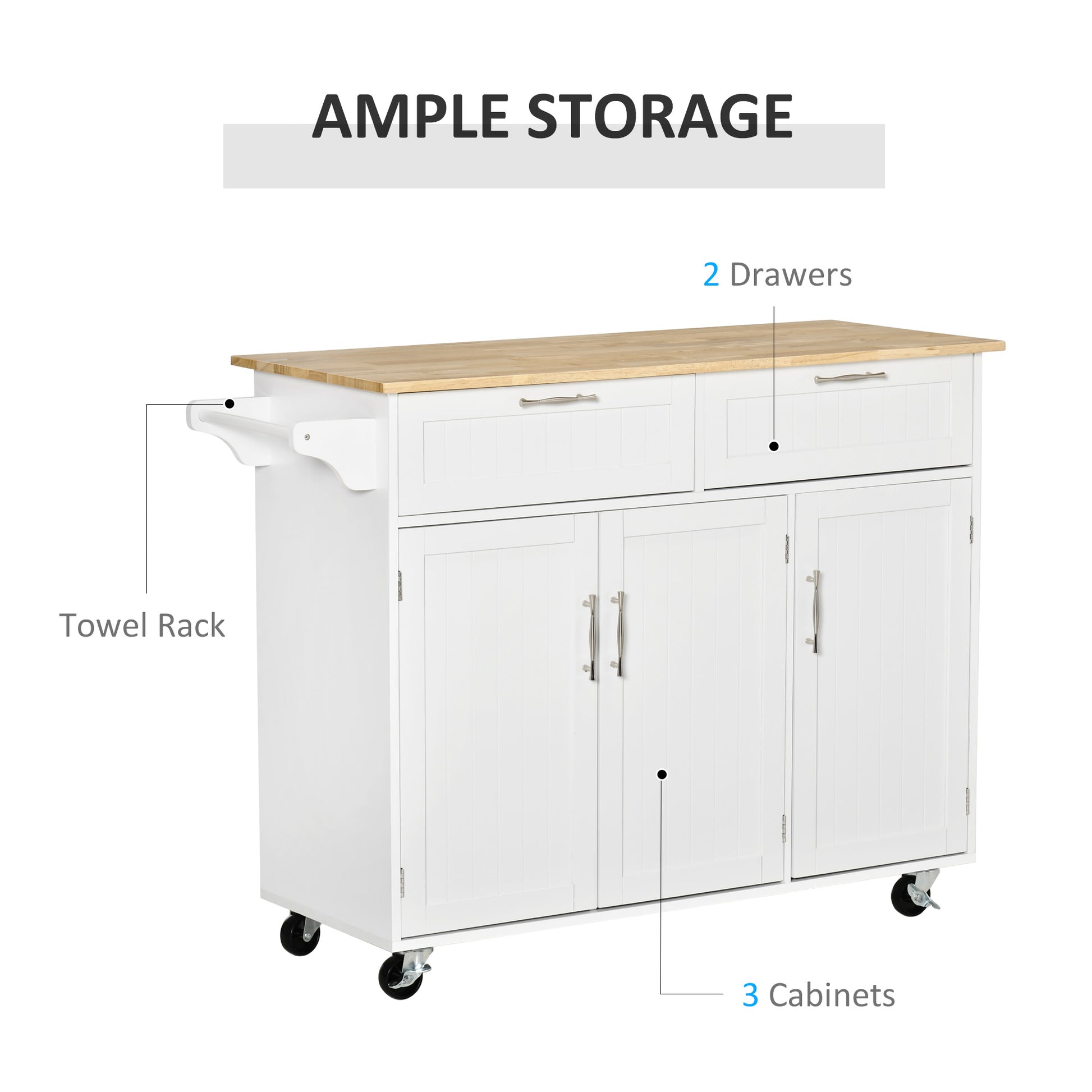 White kitchen island cart with wood top  drawers and  cabinets