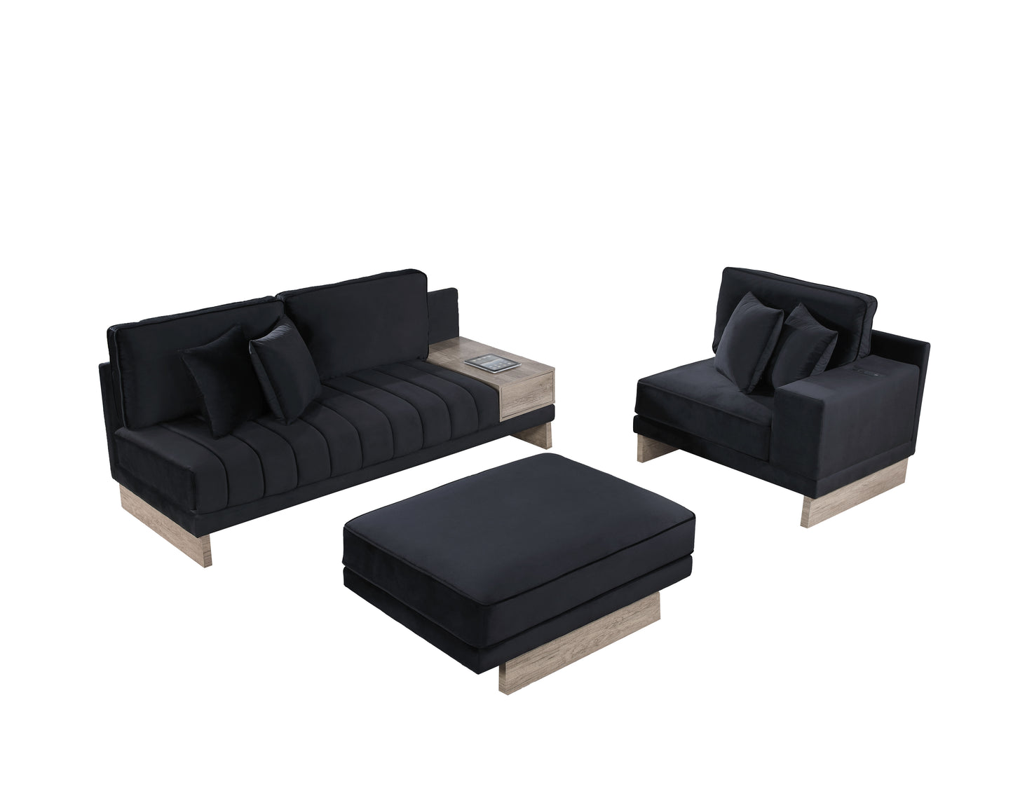 Modern black velvet sofa with integrated side table perfect for contemporary living rooms