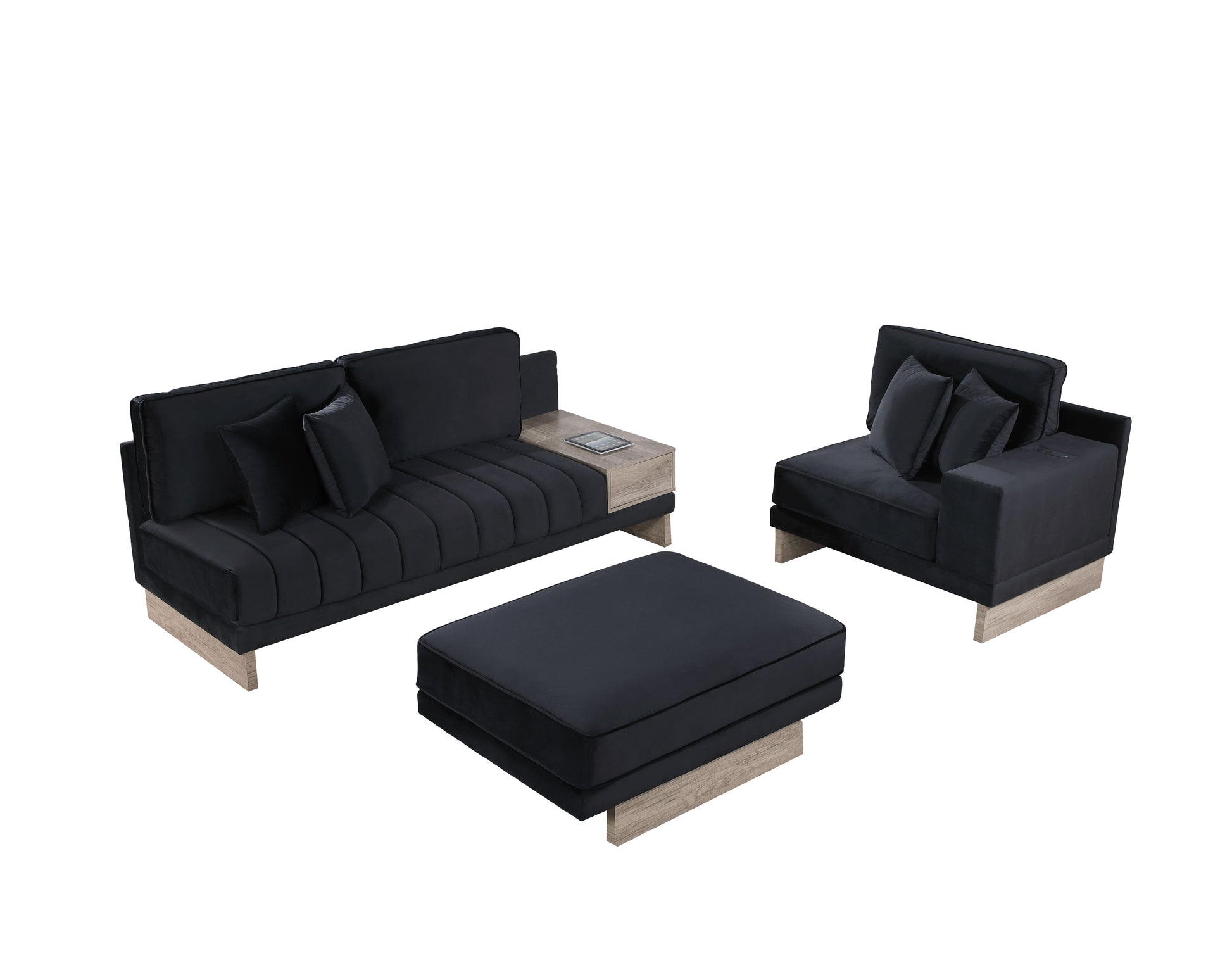 Modern black velvet sofa with integrated side table perfect for contemporary living rooms