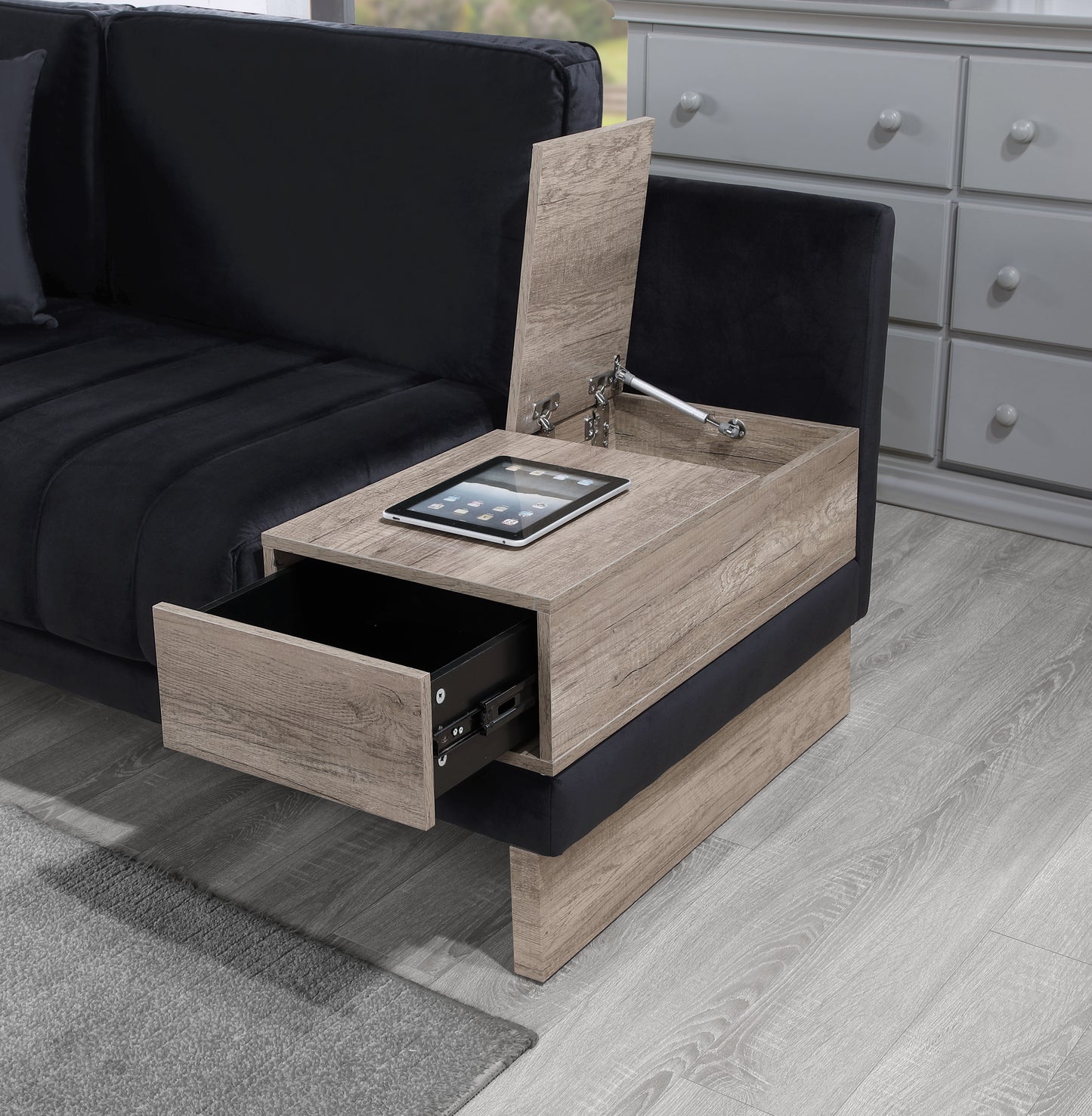Modern side table with light oak finish featuring an open drawer and tablet holder