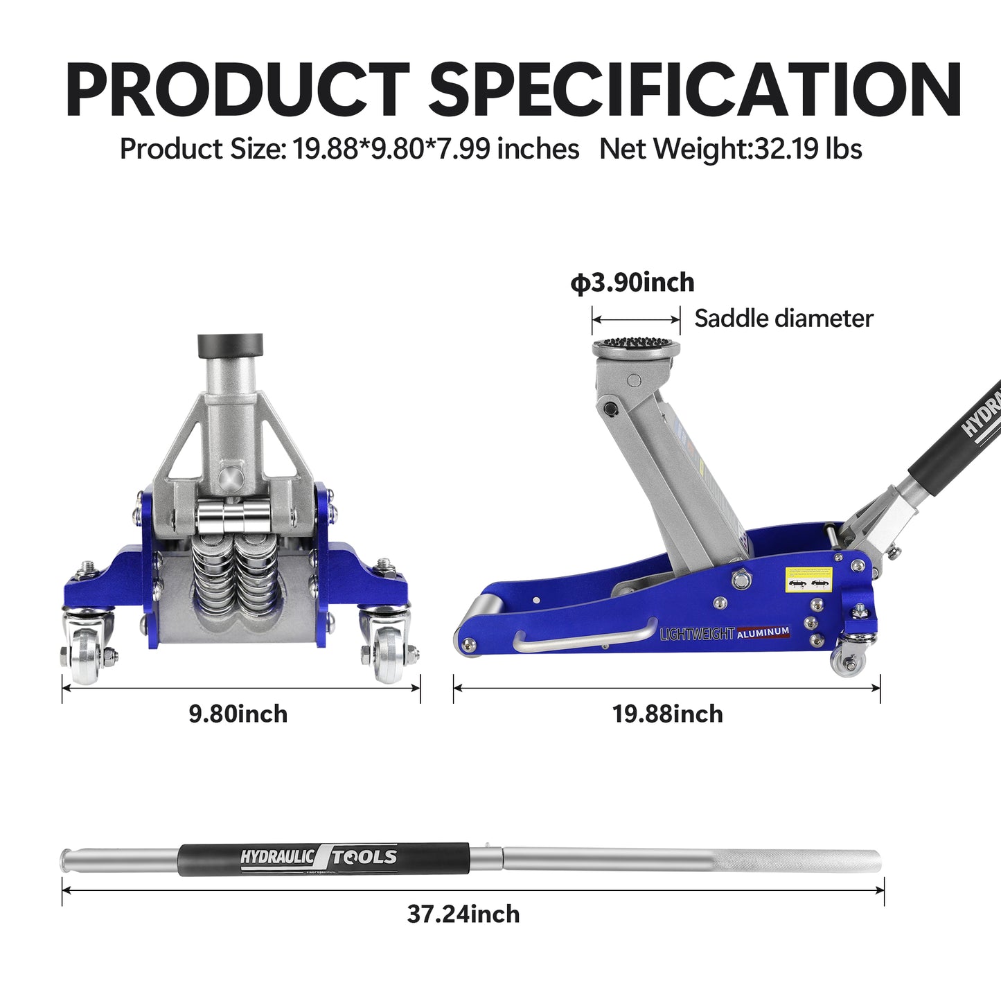 Blue and silver lightweight aluminum hydraulic jack with wheels  inch length