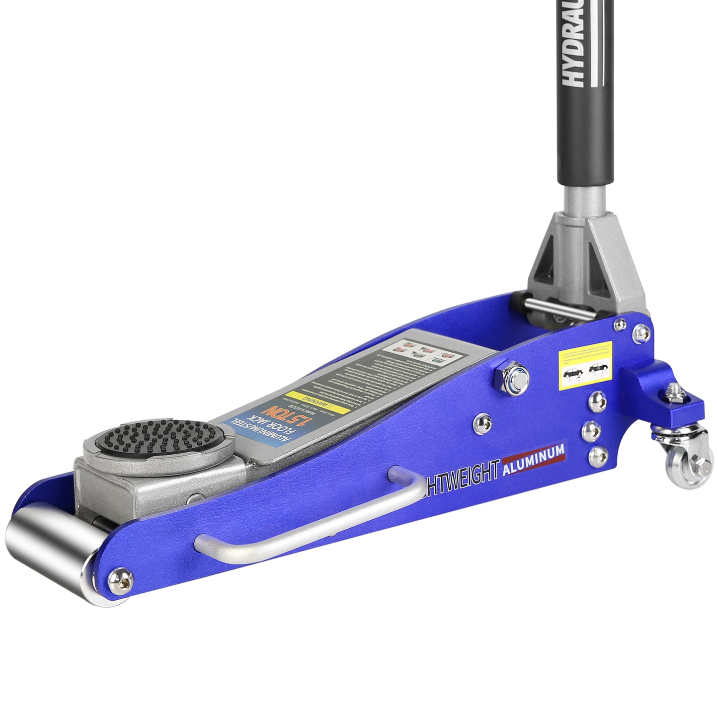 Blue  ton aluminum floor jack with a rubber lifting pad and sturdy handle for vehicle maintenance