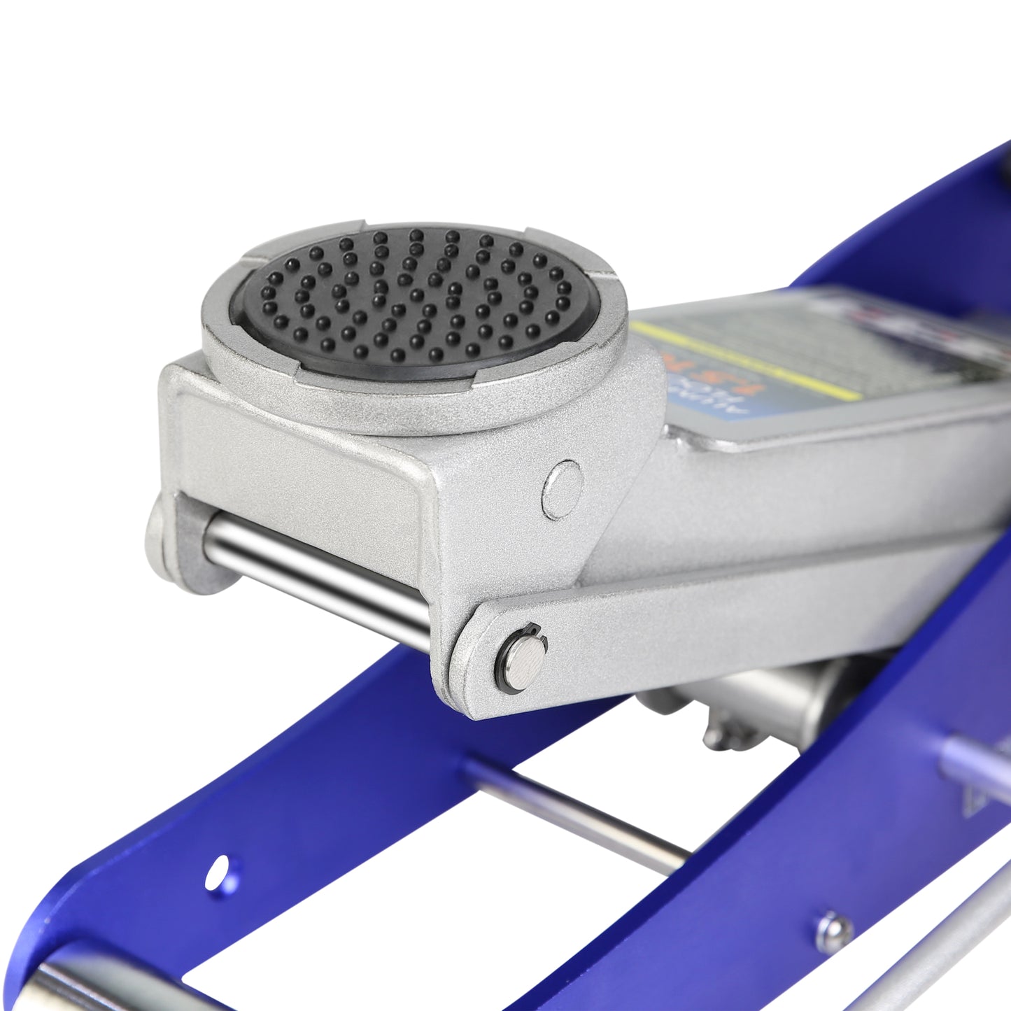 Closeup of a blue hydraulic floor jack lifting pad with textured rubber grip for automotive use