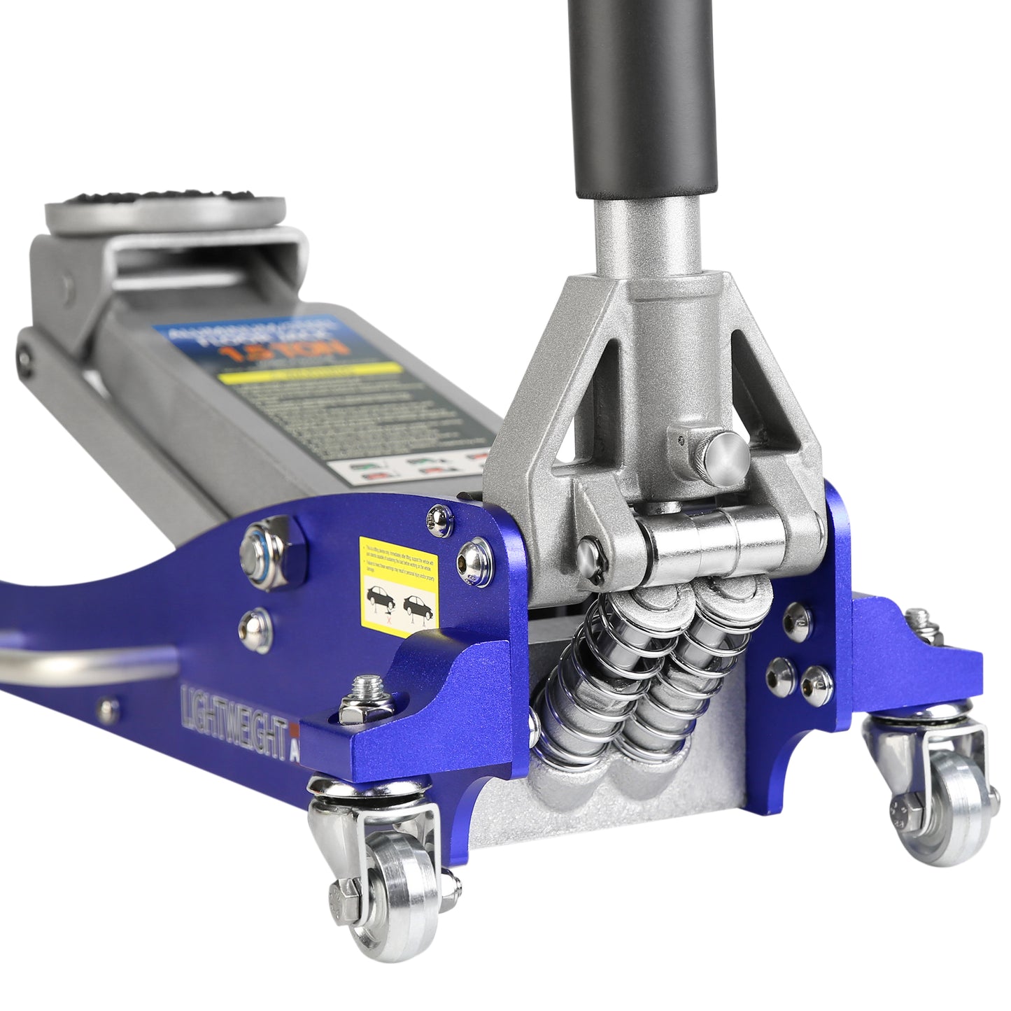 Closeup of a blue lightweight aluminum floor jack with silver lifting mechanism