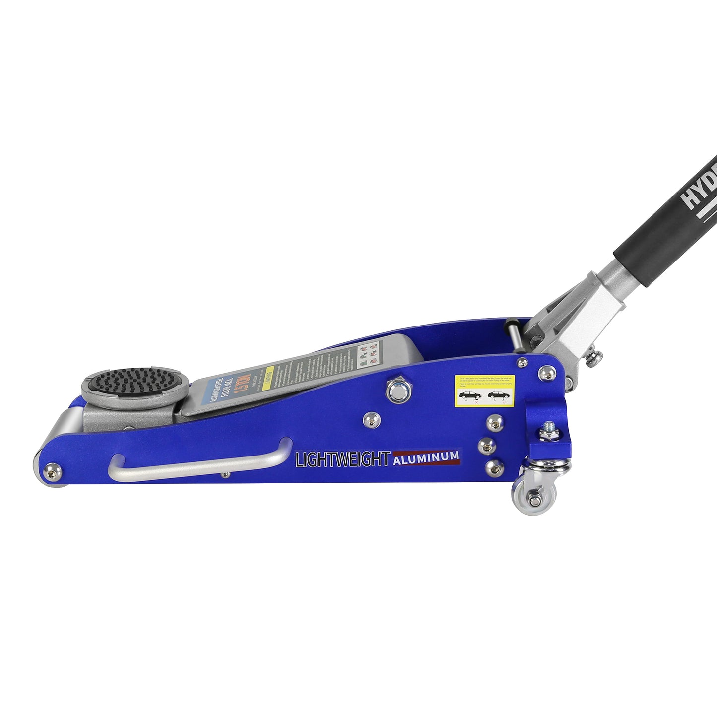 Blue lightweight aluminum ton floor jack with rubber saddle and handle