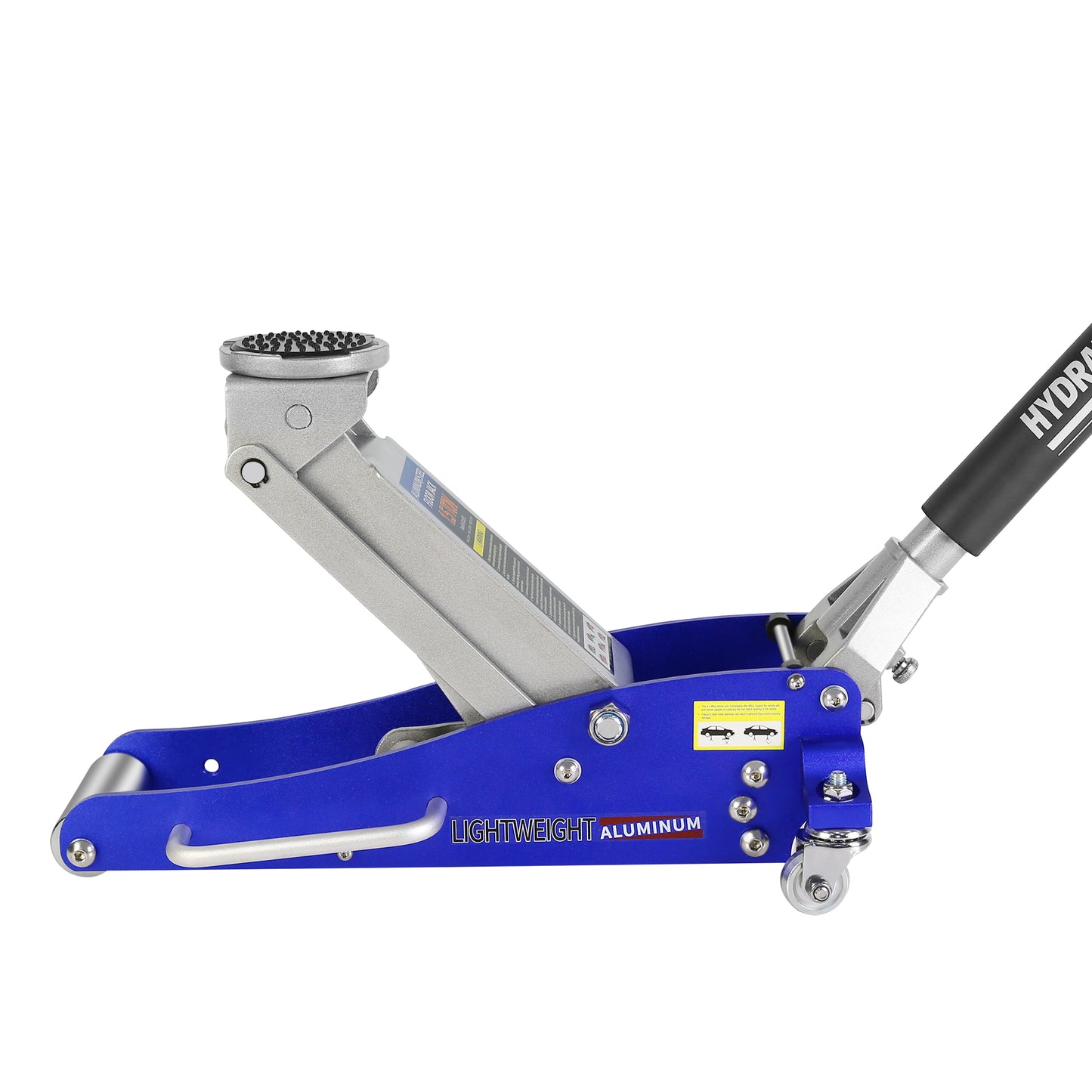 Blue lightweight aluminum hydraulic jack with rubber grip handle raised