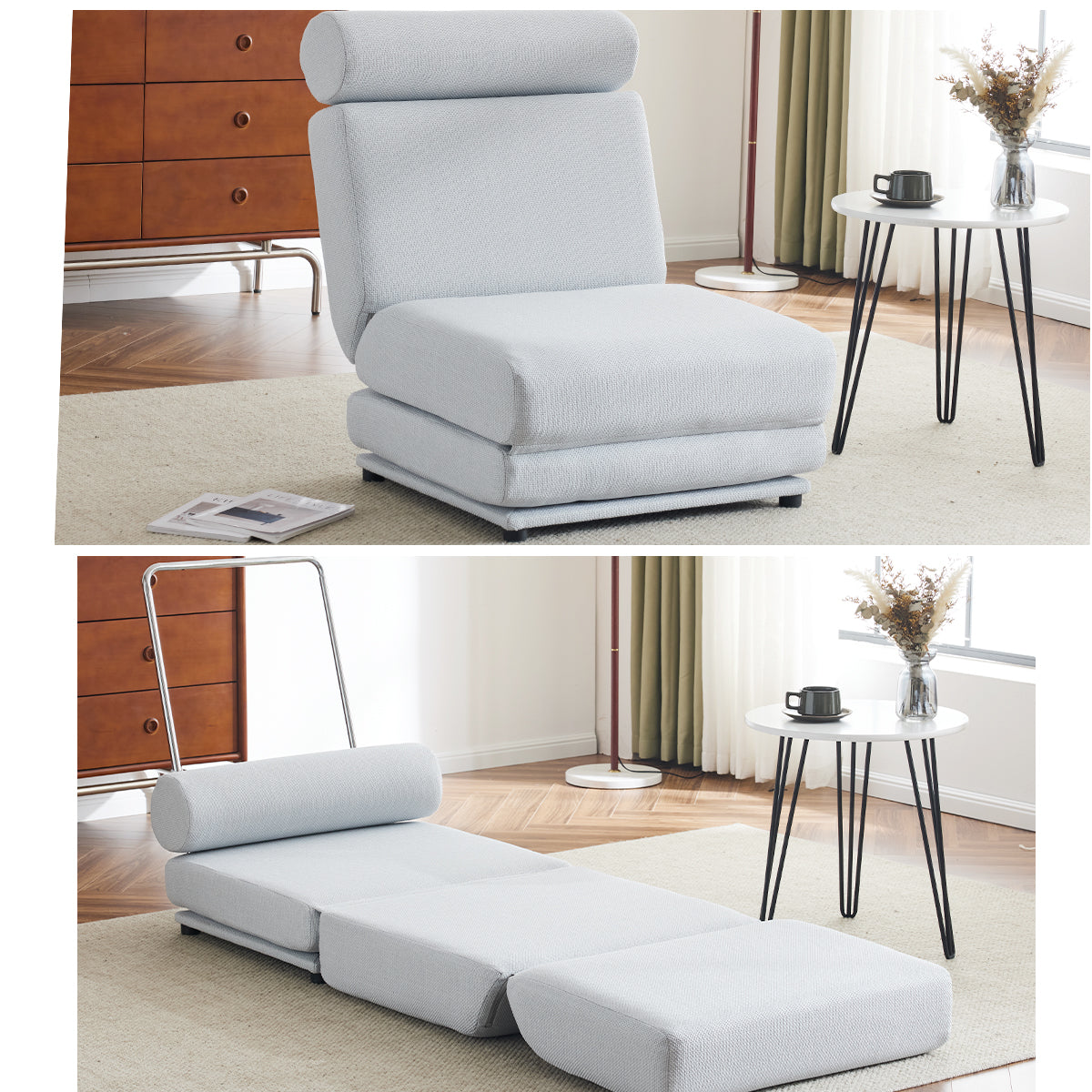 Light grey upholstered convertible chair folds out into a chaise lounge