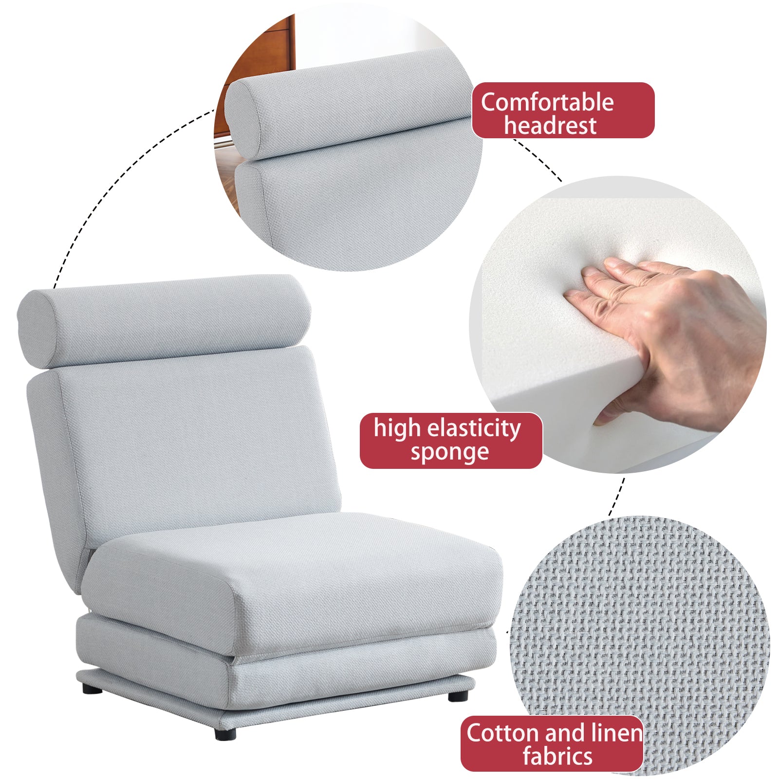 Light grey convertible sofa bed with adjustable headrest and plush cushioning