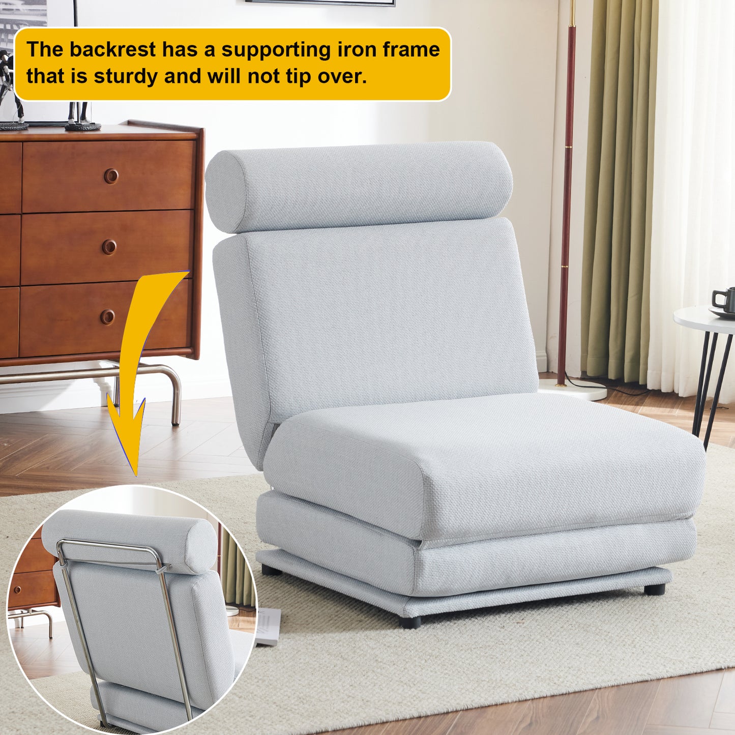 Light gray convertible chair with adjustable headrest and chrome accents ideal for small apartments