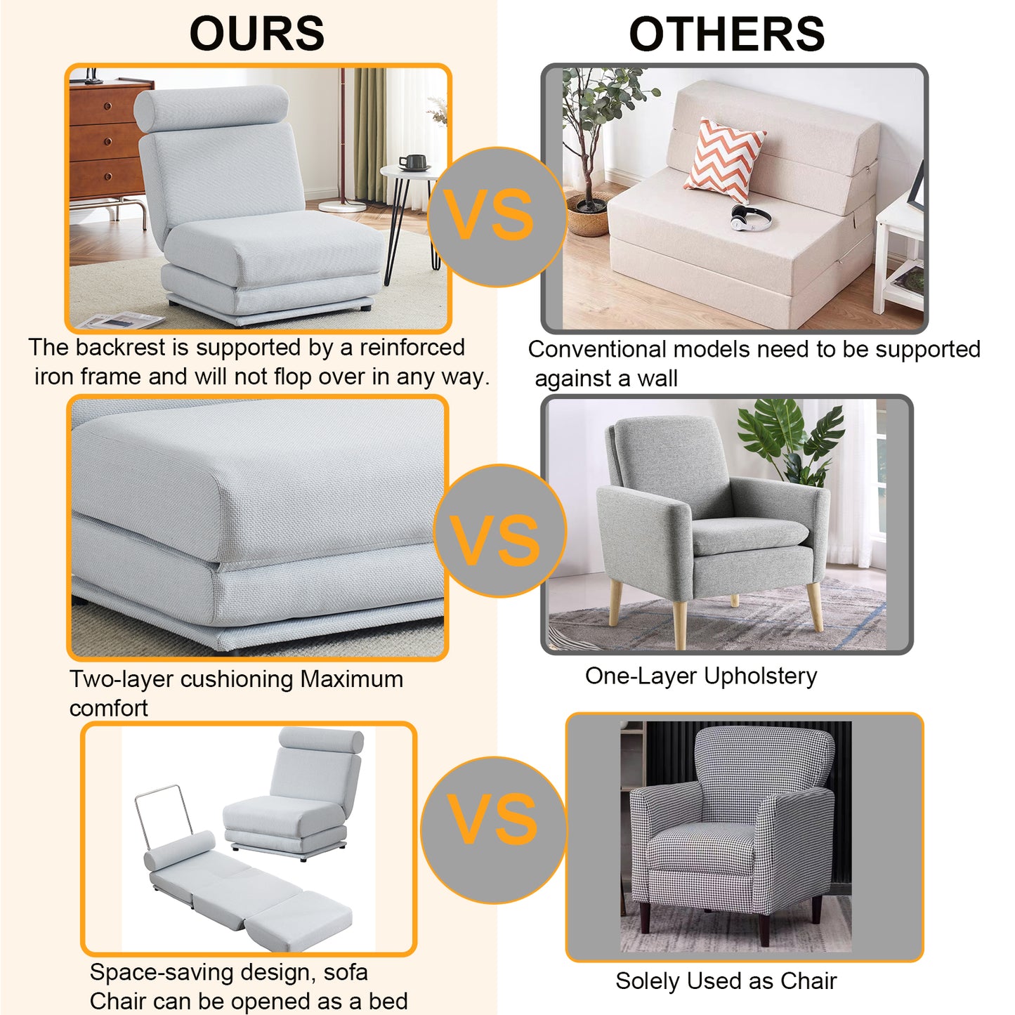 Light grey upholstered sofa chair with a reinforced iron frame ideal for small spaces