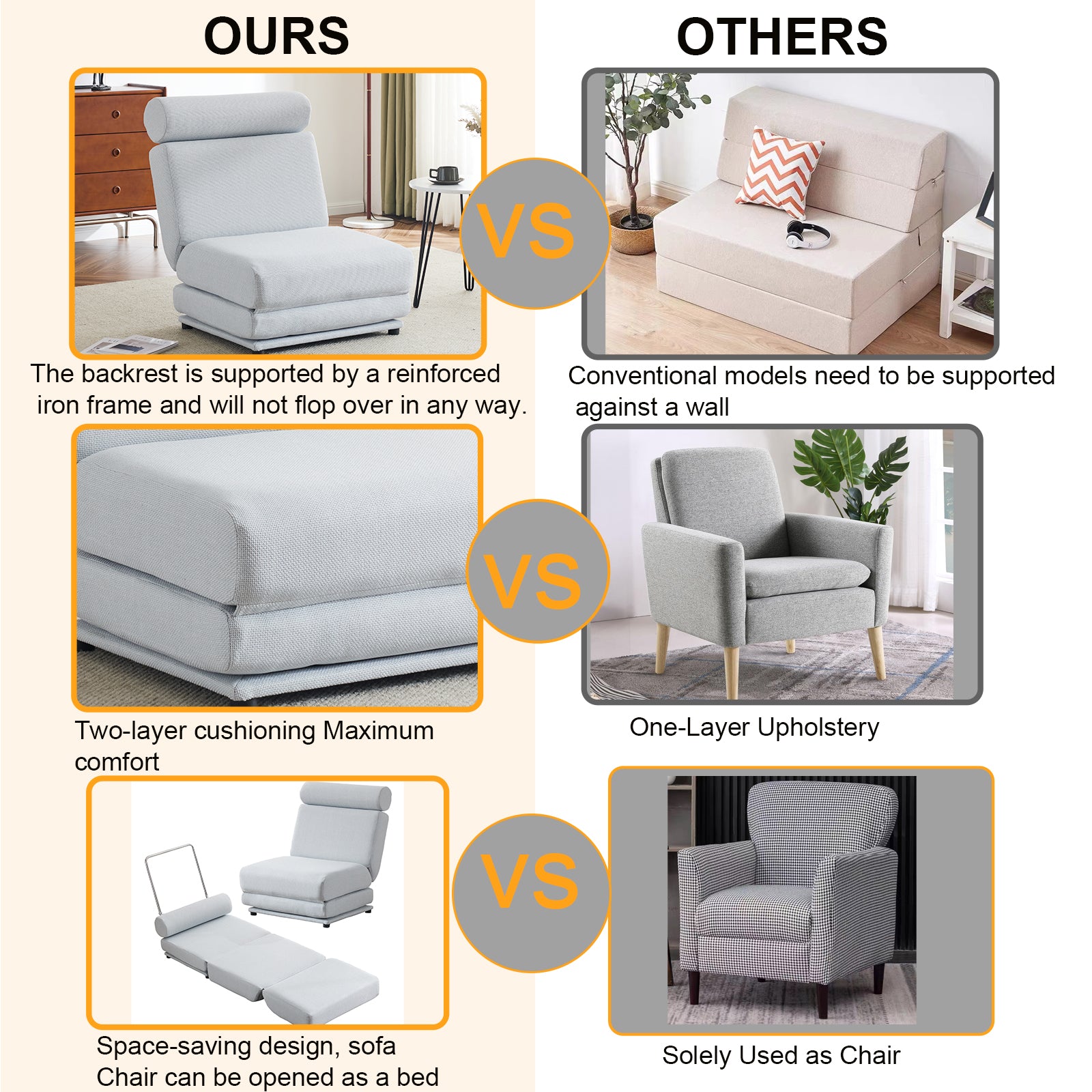Light grey upholstered sofa chair with a reinforced iron frame ideal for small spaces