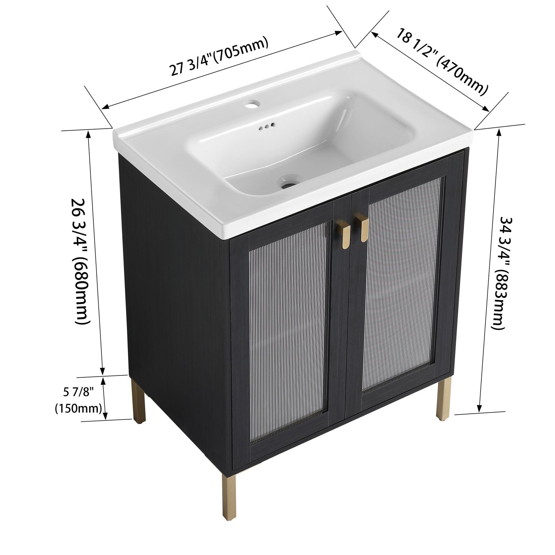 Black vanity cabinet with gold hardware and fluted glass doors dimensions shown