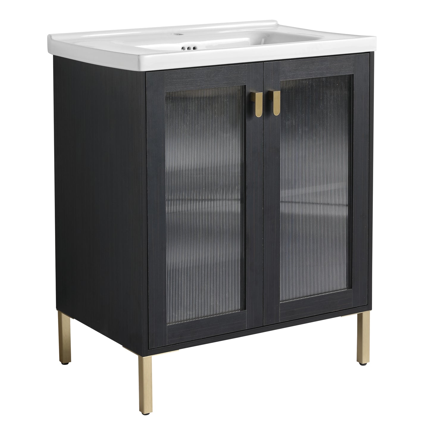 Dark wood vanity with fluted glass doors and gold hardware featuring a white ceramic sink