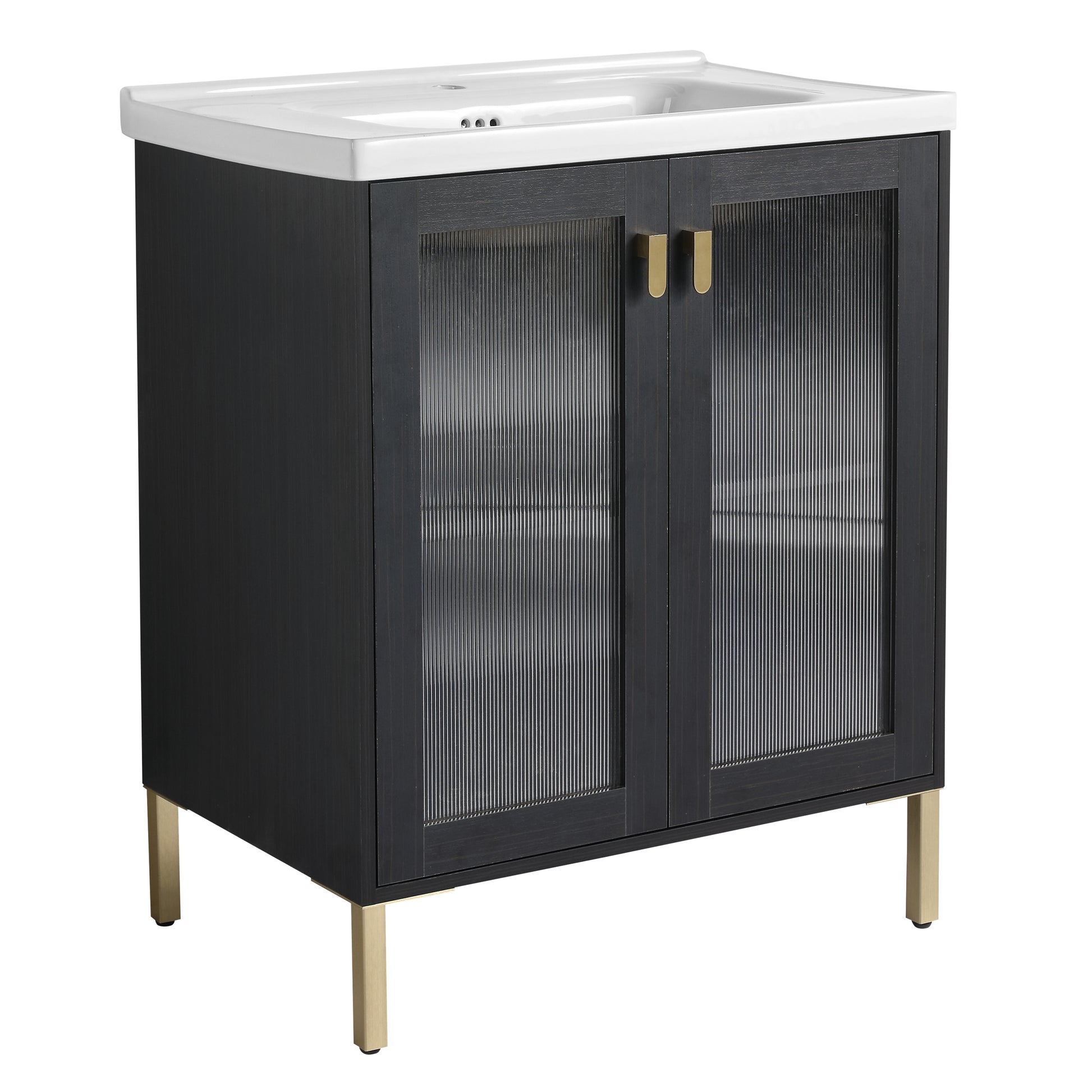 Dark wood vanity with fluted glass doors and gold hardware featuring a white ceramic sink