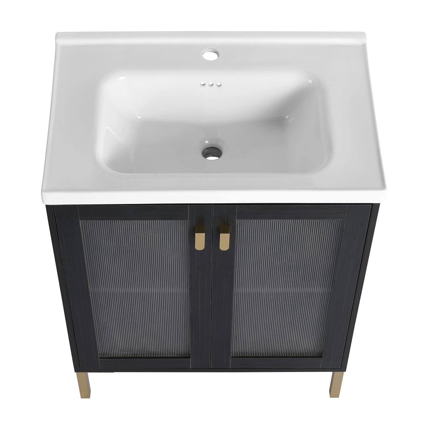 Modern black vanity with white ceramic sink gold handles and ribbed doors