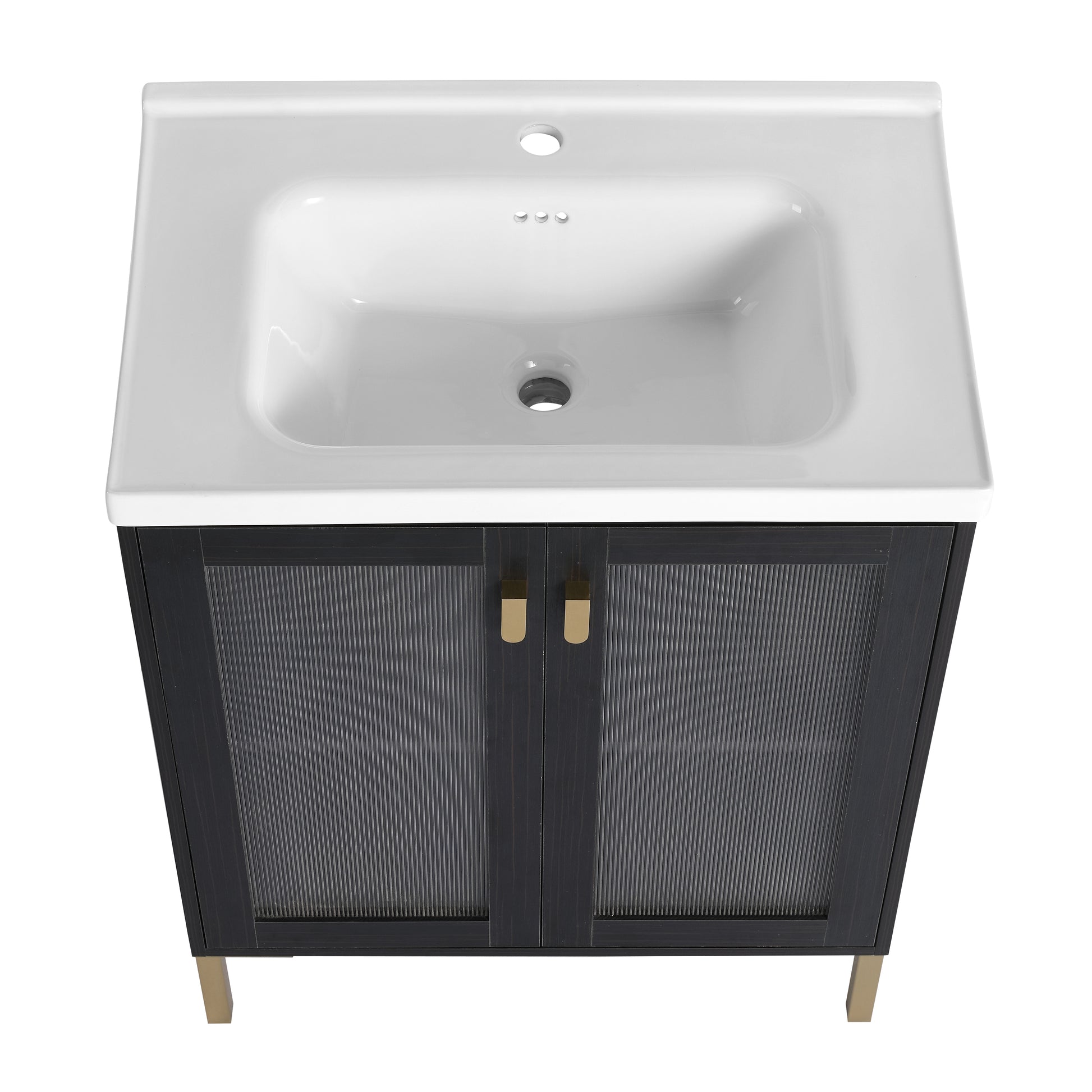 Modern black vanity with white ceramic sink gold handles and ribbed doors