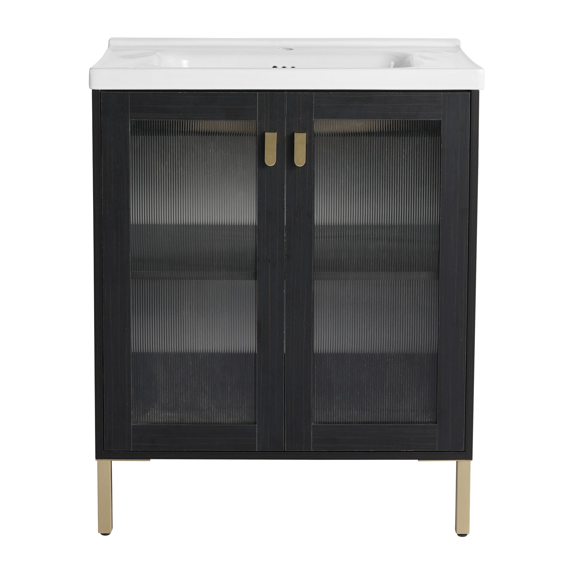 Dark wood bathroom vanity with fluted glass doors and gold hardware