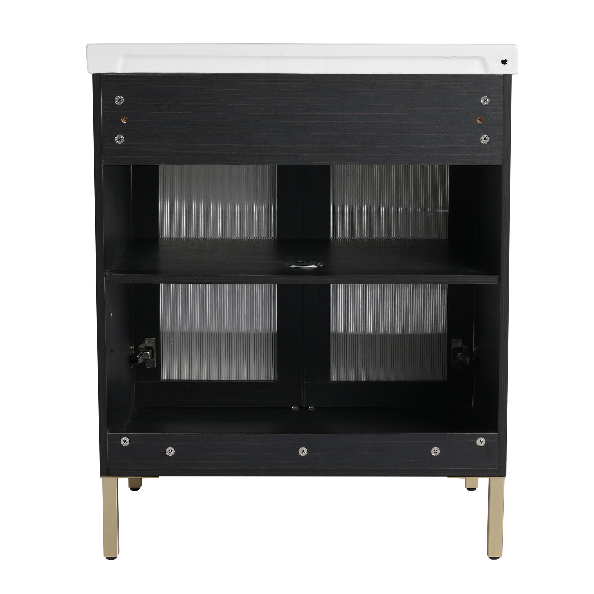 Dark wood bathroom vanity with white ceramic top and brushed gold legs