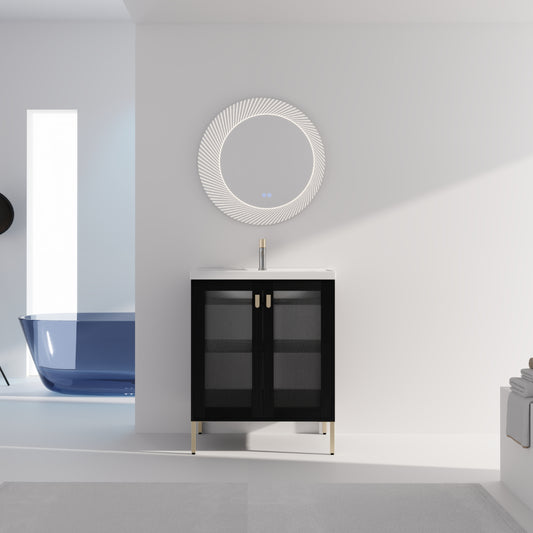 Modern black vanity with fluted glass doors and gold legs a stylish bathroom furniture