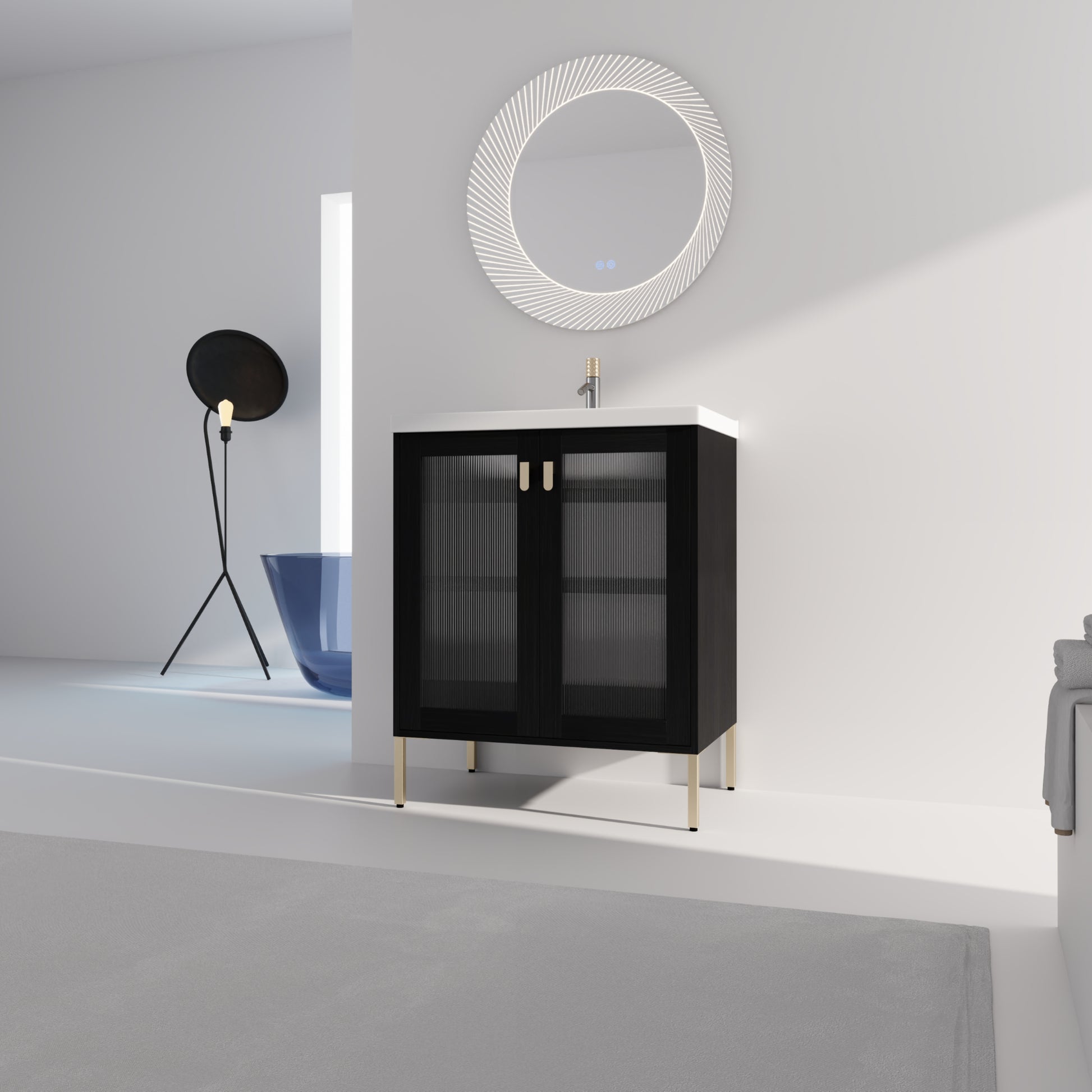 Black fluted glass vanity cabinet with gold handles and legs modern bathroom storage
