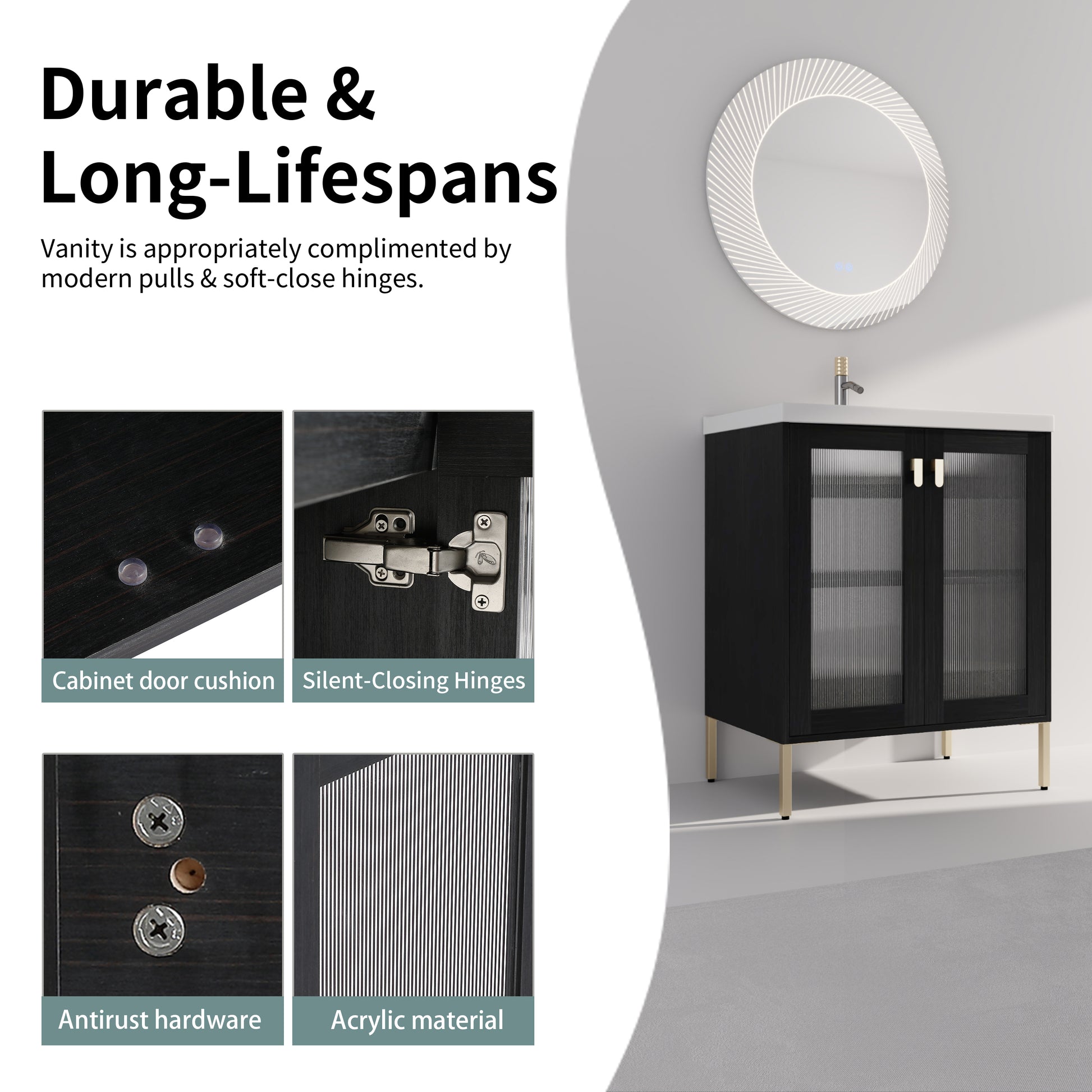 Black bathroom vanity with fluted glass doors and gold legs Features softclose hinges