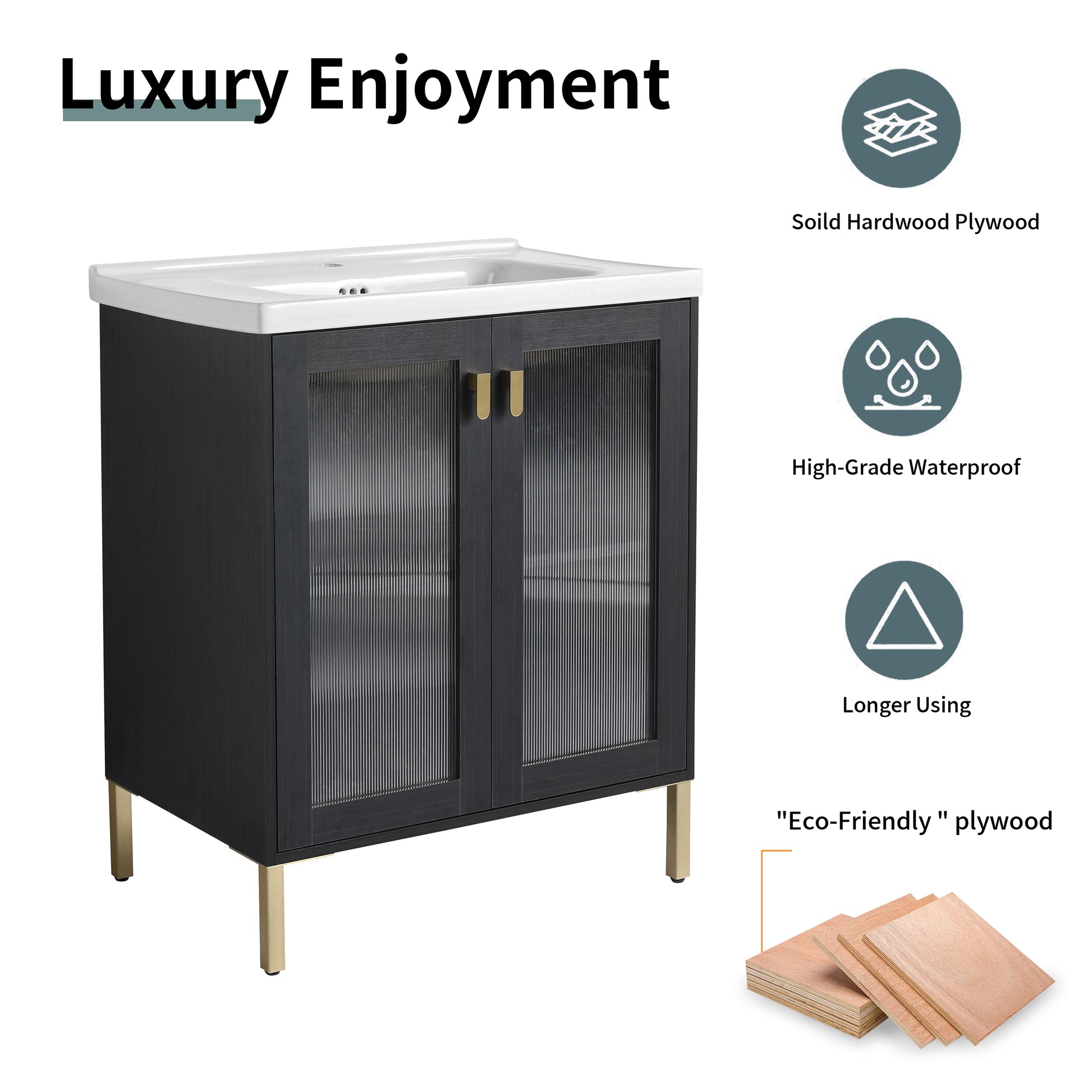 Dark grey vanity cabinet with fluted glass doors and gold hardware
