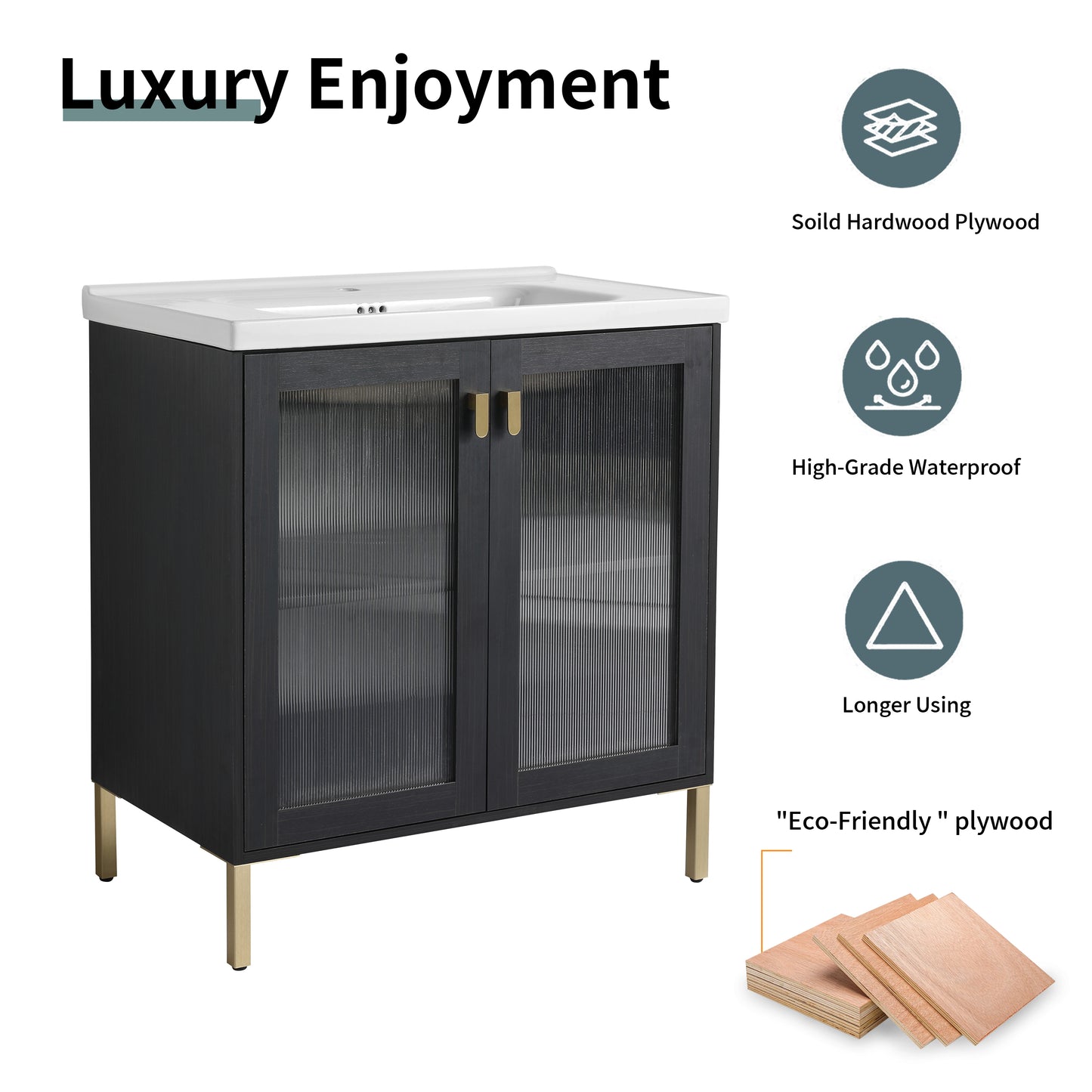 Dark wood vanity with fluted glass doors and gold hardware for bathroom